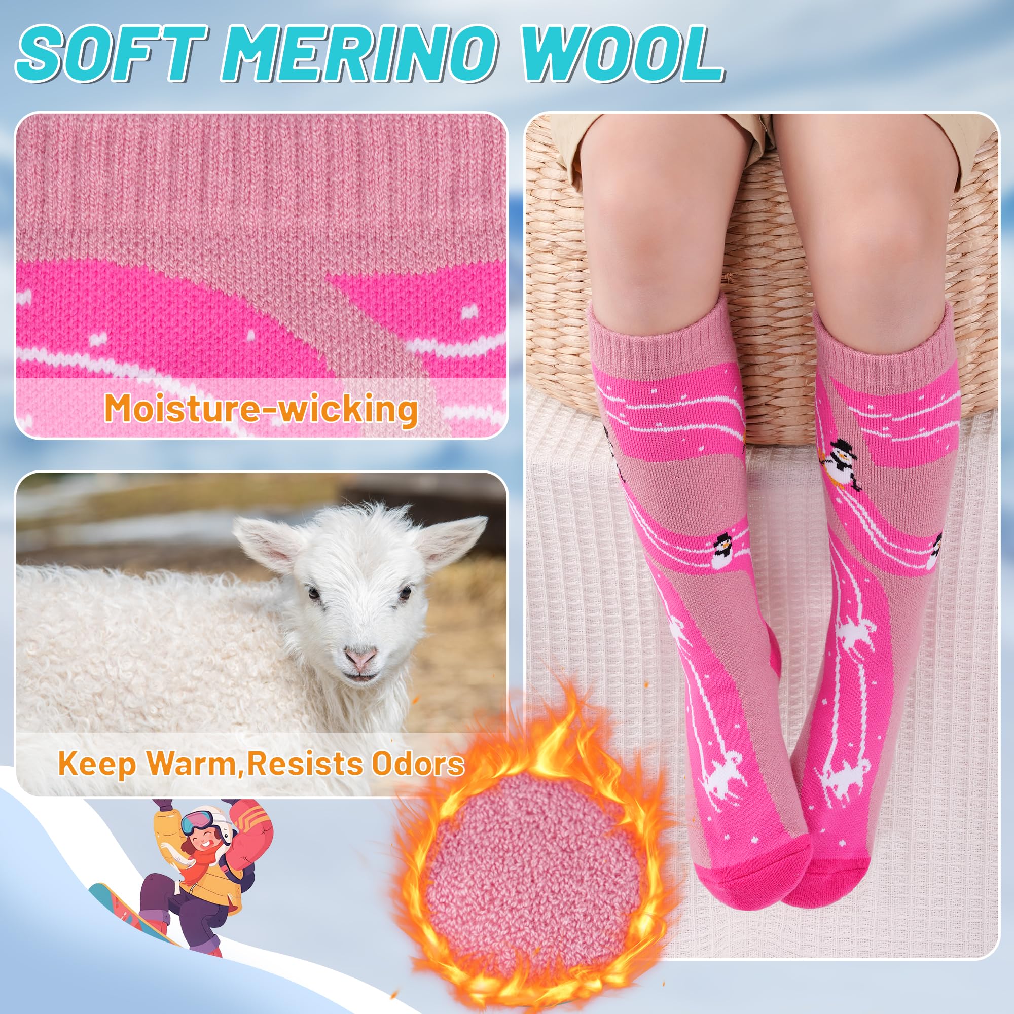GRPSKCOS Lot de 2 paires de chaussettes de ski en laine mérinos pour filles et garçons - Chaussettes thermiques épaisses et chaudes pour le ski, le patinage, le snowboard, la randonnée, 3 à 12 ans
