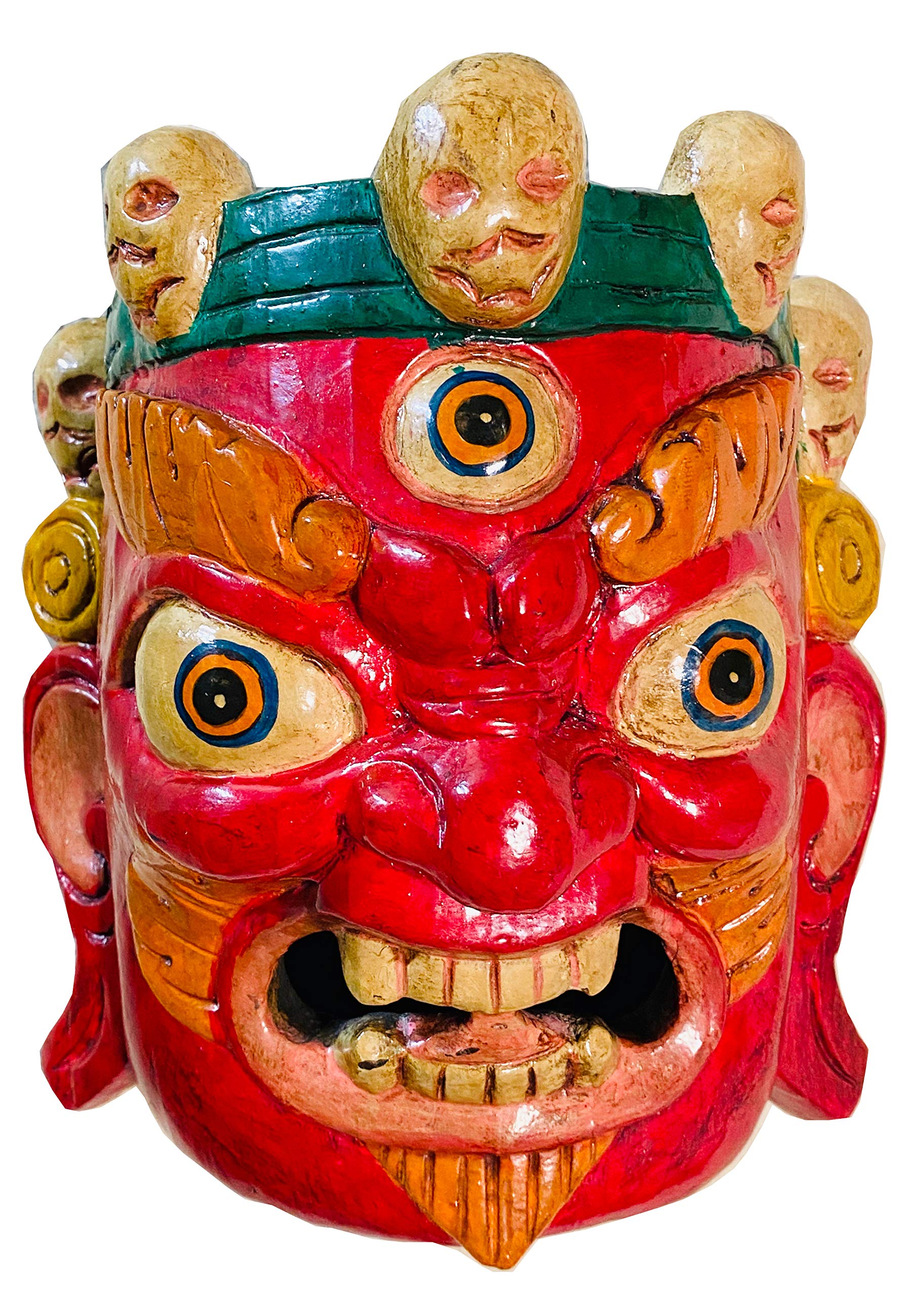 QT Shopping Hand Crafted Bhairab Wooden Mask of Hindu God Red Bhairab for Decorative Wall Hanging Lord Mahakal Bhairab Wooden Wall Decor Mask Handmade in Nepal