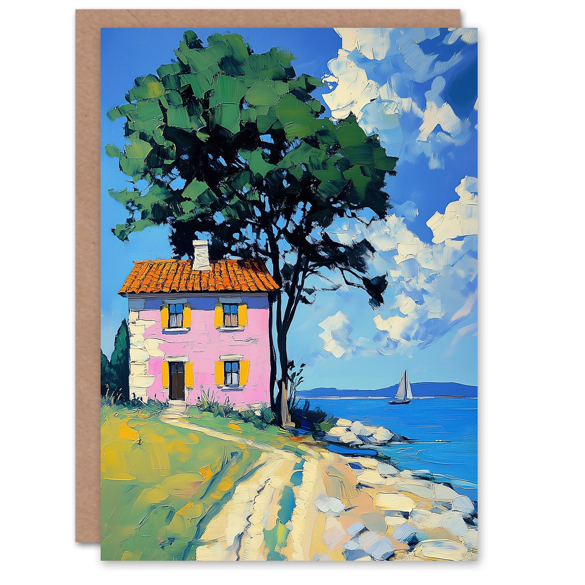 Artery8 Greeting Card Pink Village Cottage Coastal Greece Landscape Blank For Him Or Her Art Birthday Card