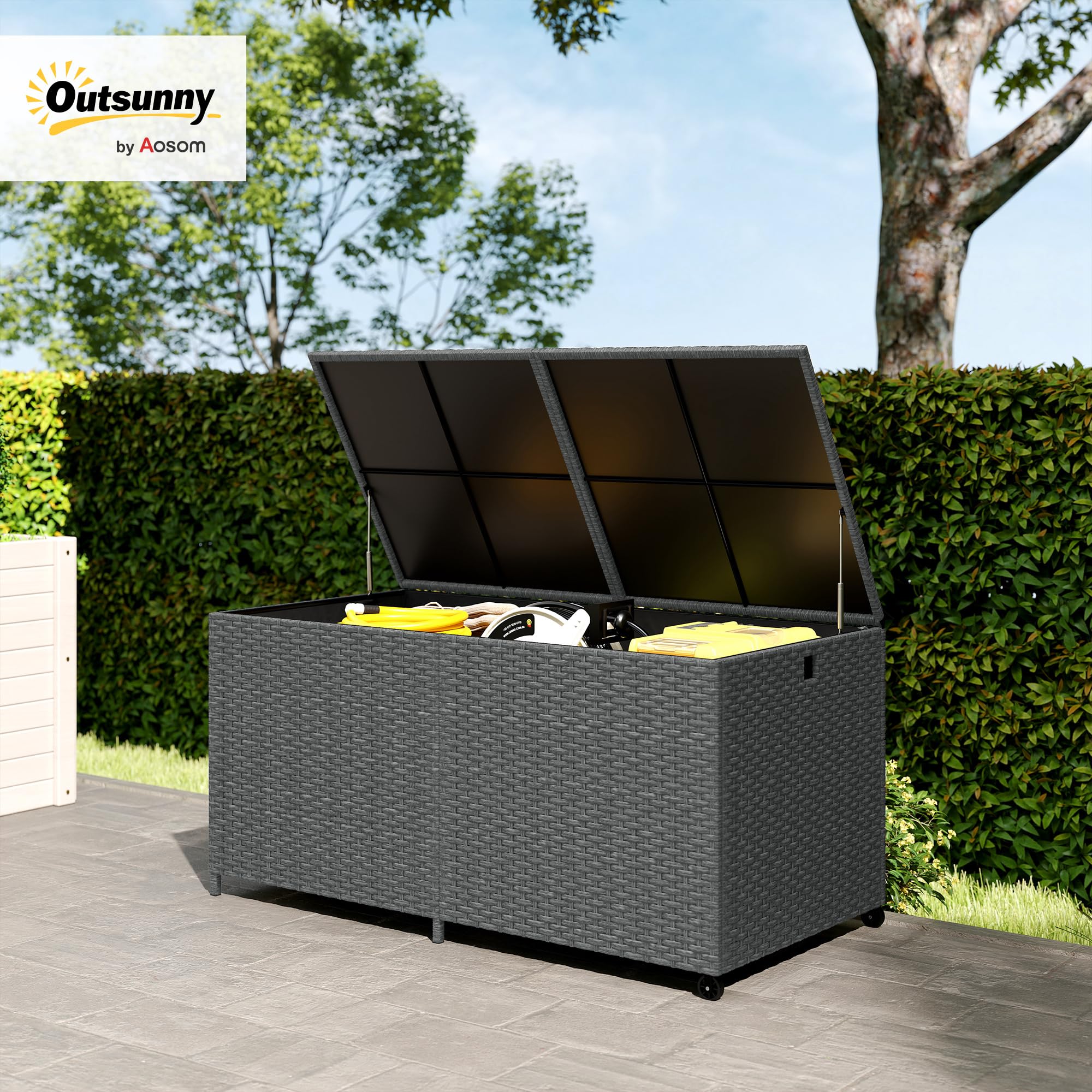 Outsunny 162 Gallon Rattan Deck Box with Wheels, Wicker Outdoor Storage Box with Waterproof Zippered Liner, Safe Pneumatic Rods, Patio Rattan Storage Container for Gardening Tools - 2