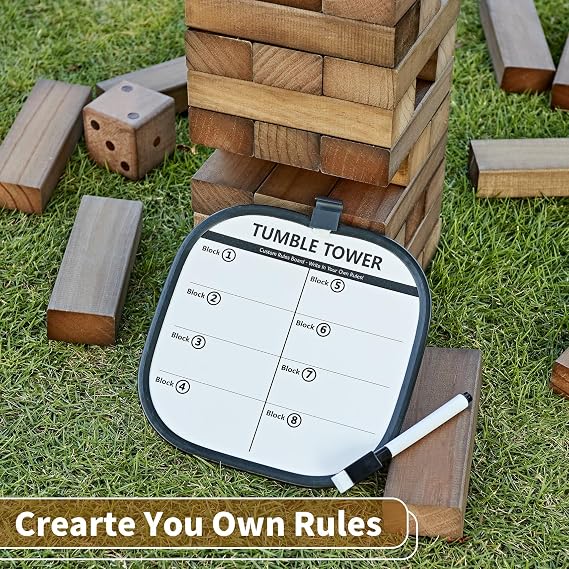 ApudArmis 60 PCS Giant Tumble Tower Stack to 5Ft, Pine Wooden Stacking Timber Game with 1 Dice Set - Classic Block Giant Outdoor Game for Adults Family (Brown)