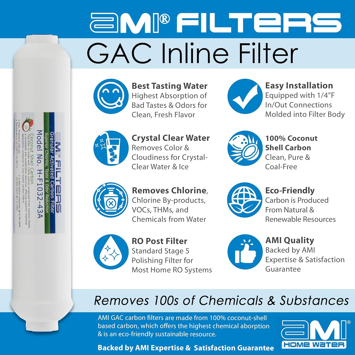 Inline Carbon Water Filter | 10" Length | 1/4" Threaded Female In/Out | For Chlorine Taste & Odor or Post Filter for Home RO | RO Stage 5 Polishing Filter (1, 1/4" Female Threade) - Image 3