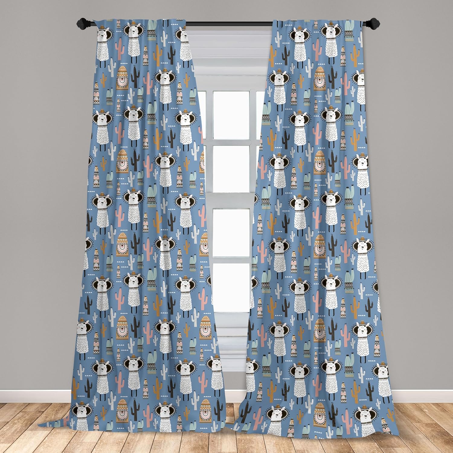 Ambesonne Hipster Window Curtains, Llamas with Tribal Aztec Style Prehistoric Playroom Theme, Lightweight Decor 2-Panel Set with Rod Pocket, Pair of - 28" x 95", White Blue