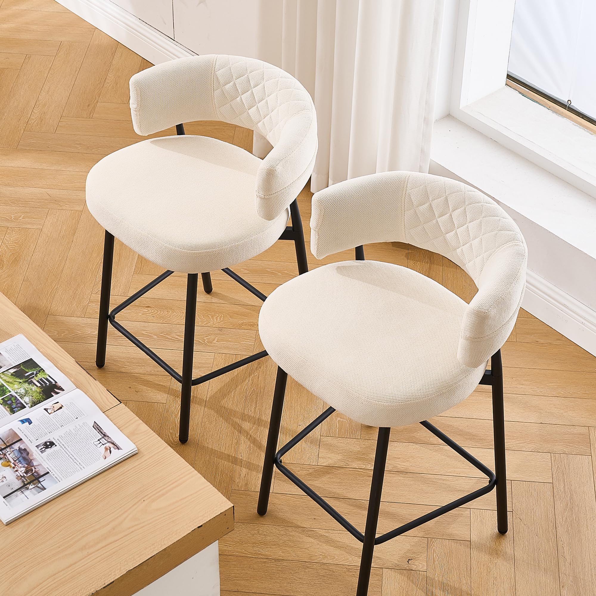 BFZ Bar Stools Set of 2, 26" Modern Counter Height Bar Stools with Curved Back and Metal Frame, Upholstered Fabric Barstools for Kitchen Island, Cafe