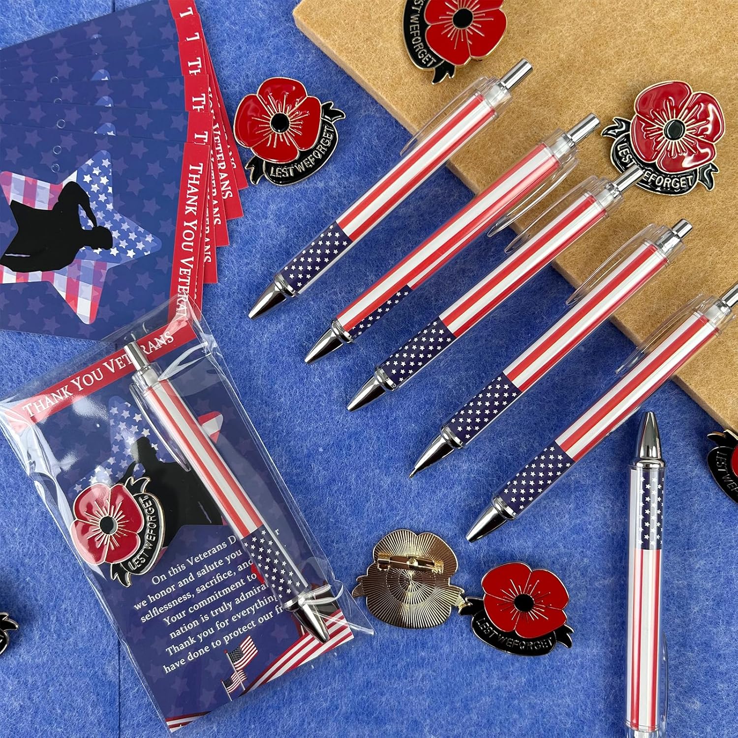 退役軍人ギフト 90本 バルク アメリカ国旗ボールペン 愛国心が強いペン 星型ラペルピン 30本 しおり30本 アメリカのお土産 外