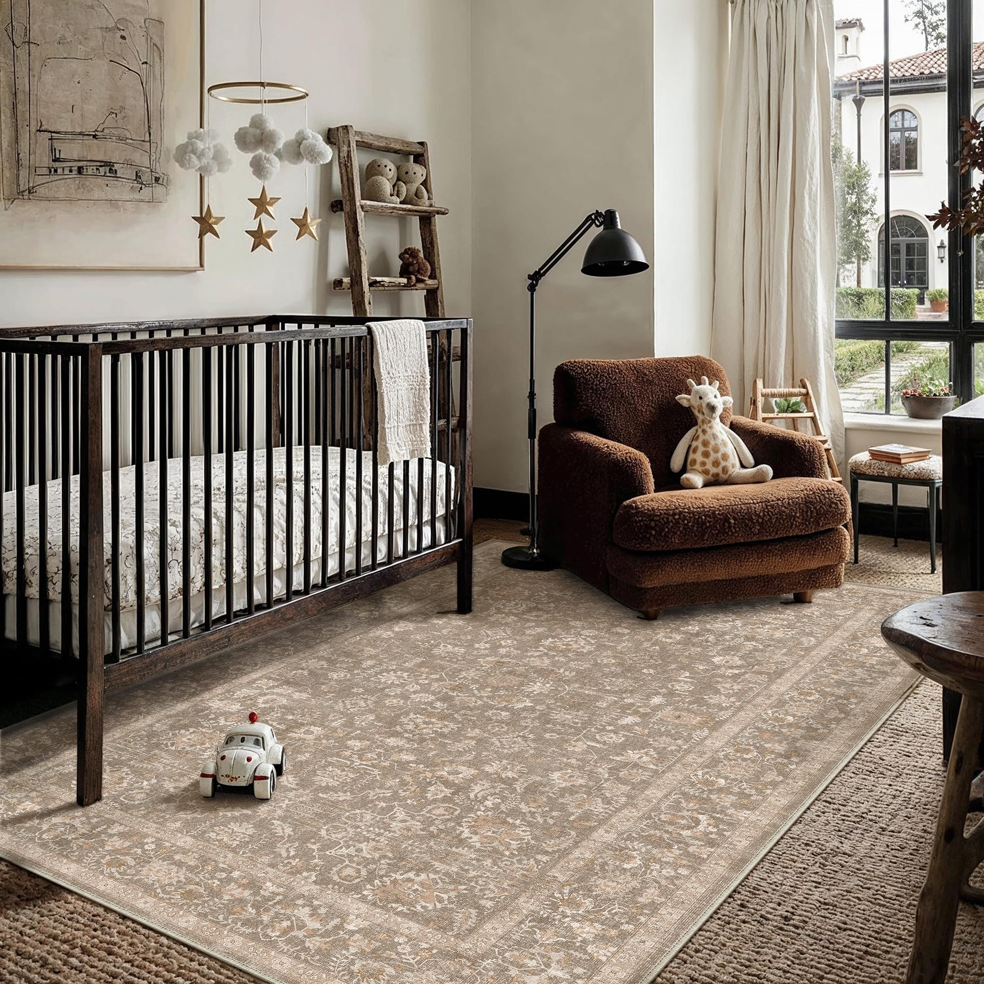 PureCozy 4x6 Deep Brown Area Rug Washable Non Slip Vintage Carpet