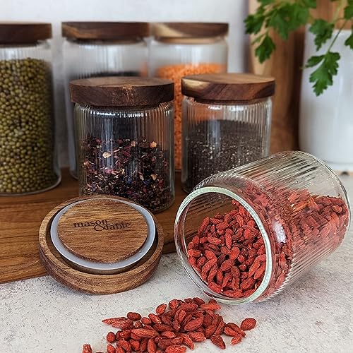 Miniatura 8 de Mason & Fable Tarro de vidrio acanalado, apilable y hermético, tapa de madera, recipiente de almacenamiento para galletas, golosinas, té o azúcar,