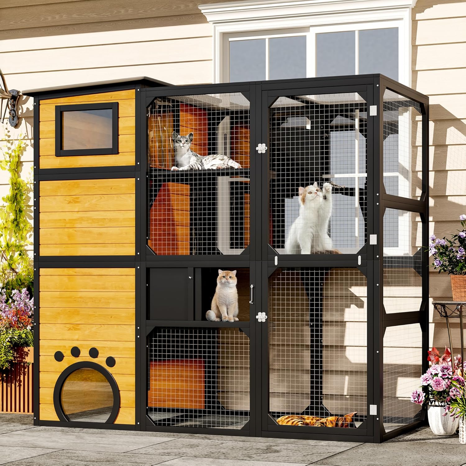 77.25" Large Cat Catio 4 Tiers Cat Enclosure for Outdoor, Cat House with Weatherproof Roof, Platforms,Resting Rooms and Doors for Multiple Cats, Brown