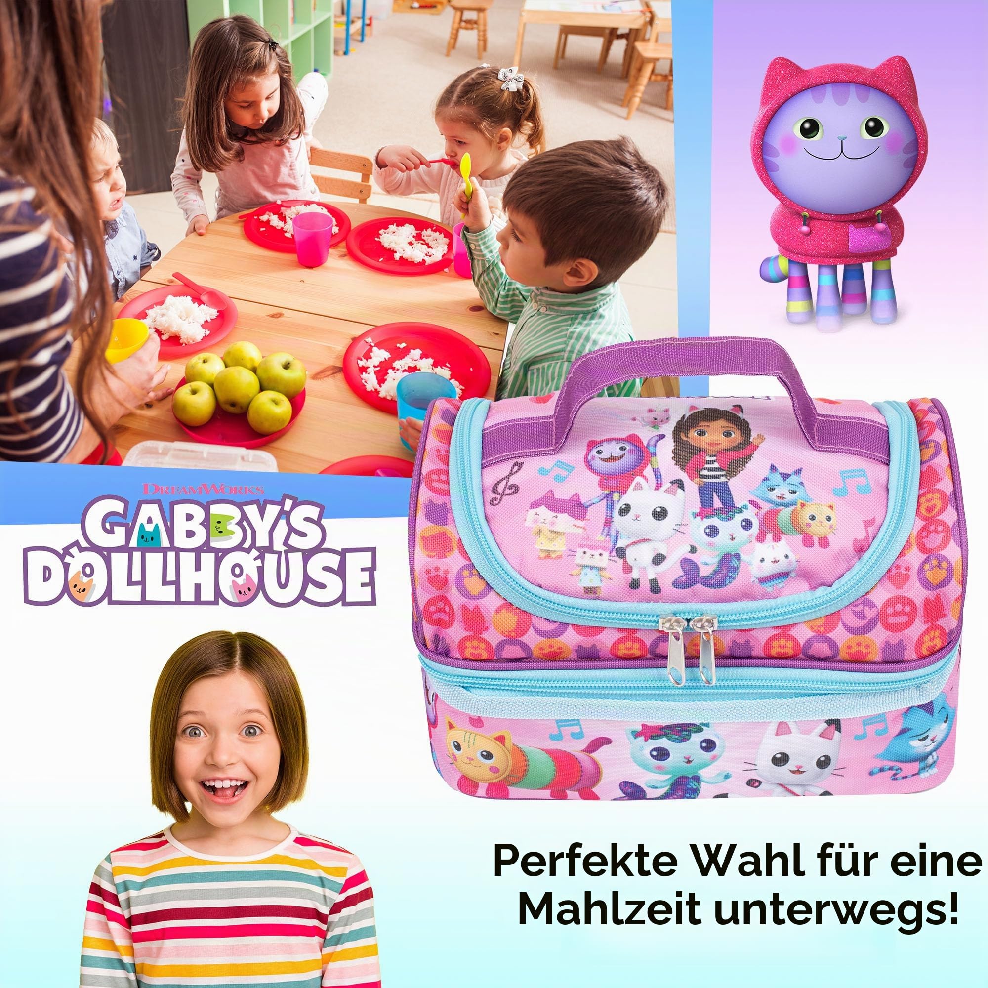 Gabby's Dollhouse – Lunchtasche für Kinder – Snack-Tasche mit mehreren Fächern für Mädchen Schule – isoliert & große Kapazität – Rosa