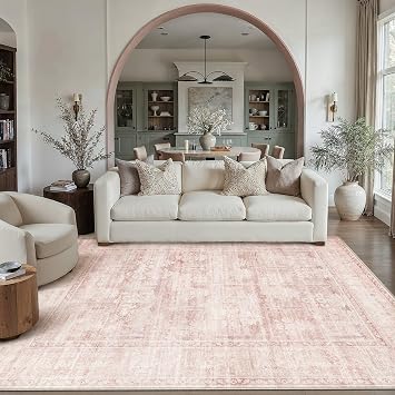 HUGEAR Retro 5x7 Washable Area Rugs Pink Nursery Living Room Bedroom Rug Vintage Distressed Throw Carpet Neutral Stain Resistant Non Slip Low Pile Playroom Kidsroom Home Aesthetic Decor