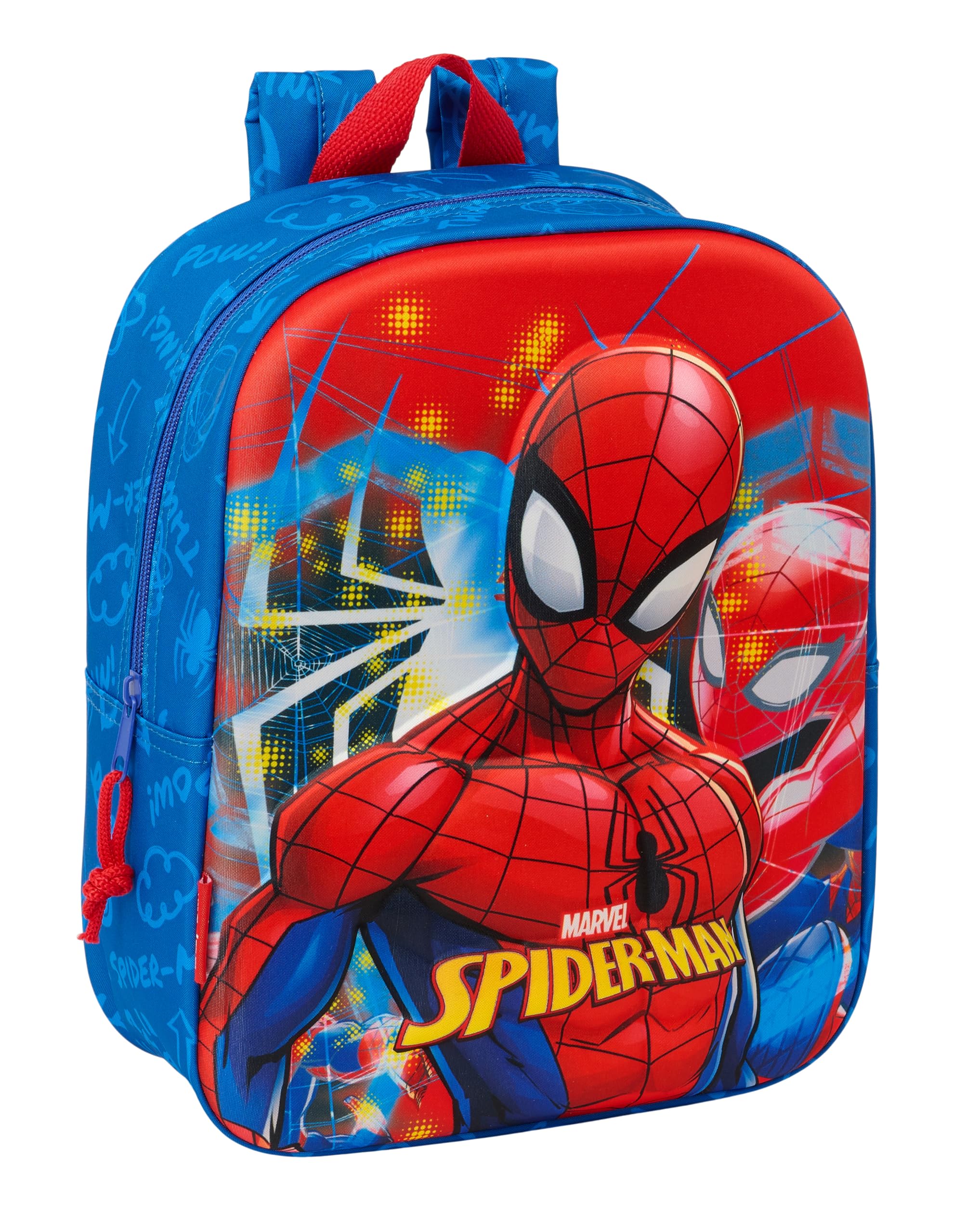 Safta SPIDERMAN 3D - Mochila de Guardería 3D, Adaptable a Carro, Fácil Limpieza, Ideal para Niños de Diferentes Edades, Cómoda y Versátil, Calidad y Resistencia, 22x10x27 cm, Color Azul marino/rojo