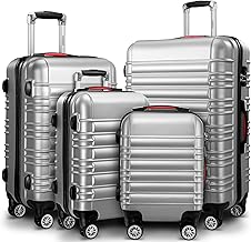 MONZANA Set of 4 Suitcases Travel Luggage Organizer Clothes Scale Luggage Strap Handles Gel Wheels Rigid Trolley S-M-L-XL, silver
