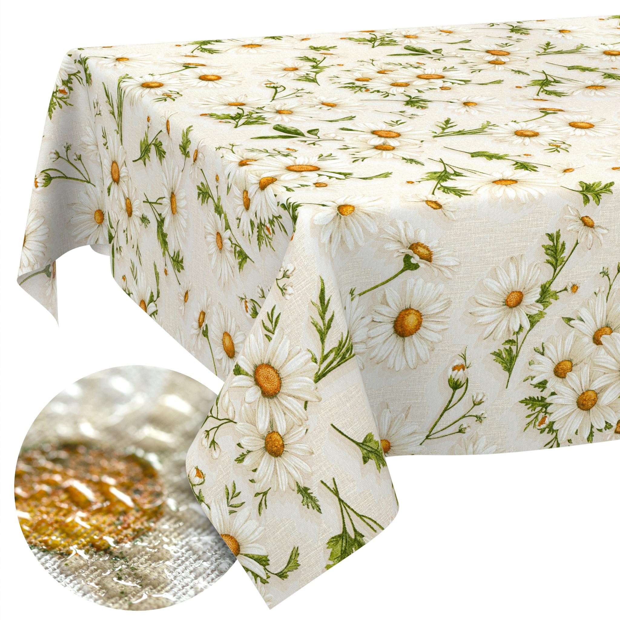 ANRO Washable Tablecloth Daisy White Rectangular 160 x 140 cm - Water-Repellent Indoor Outdoor Lotus Effect Cut Edge