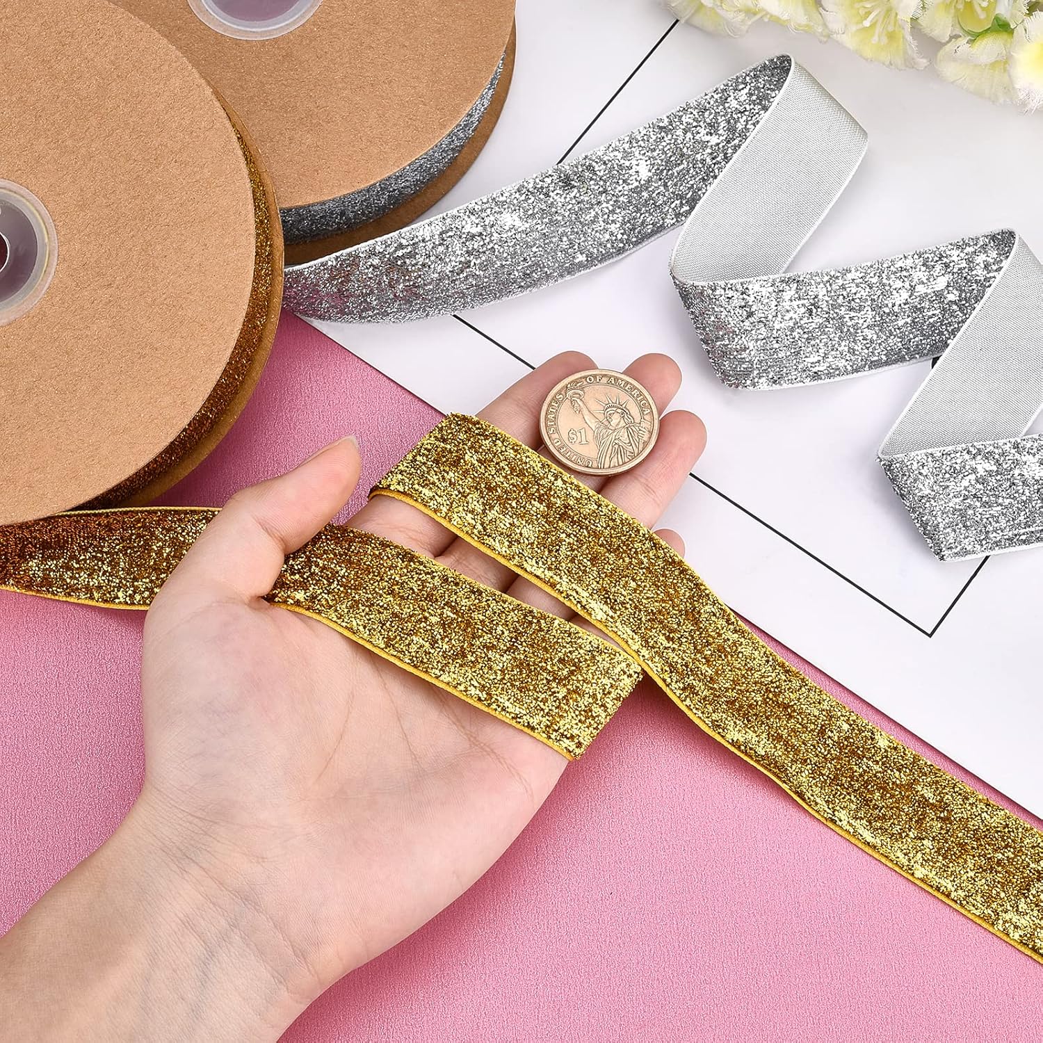 arricraft 20 Yards × 1 Inch Gold Silver Ribbons, Glitter Organza Ribbon Sparkle Metallic Ribbon for Crafts Christmas Gift Wrapping Card Making Wedding Decor