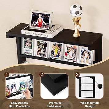 Trading Card Display Stand for Wall, 3 Tier Wooden Graded Card Storage with Top Shelf, Sports Card Display for Baseball Basketball Football Card Collection (Black)
