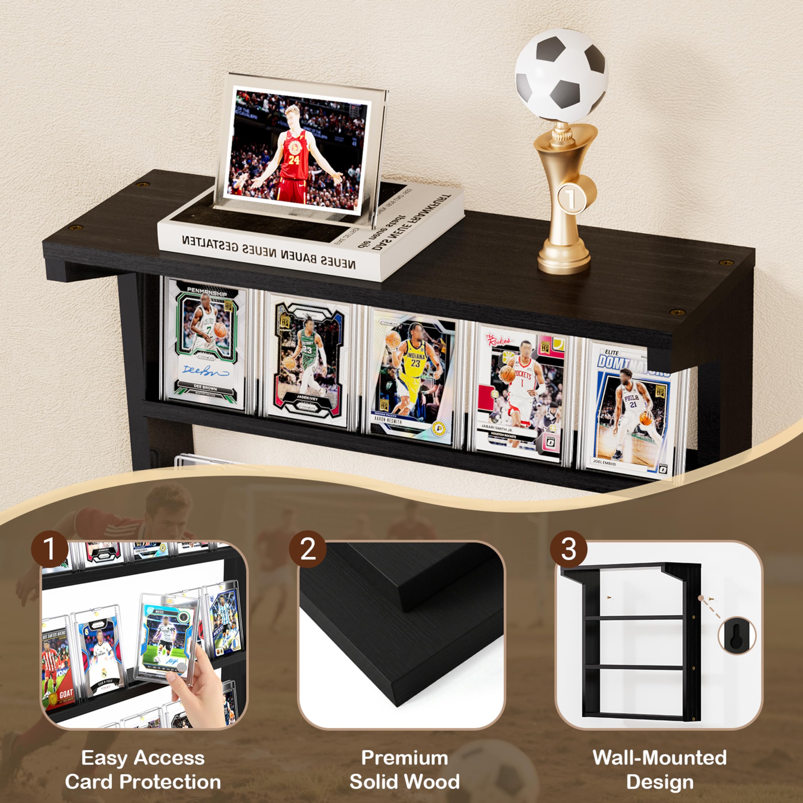 Emfogoo Trading Card Display Stand for Wall 3 Tier Wooden Graded Card Storage with Top Shelf - Image 4