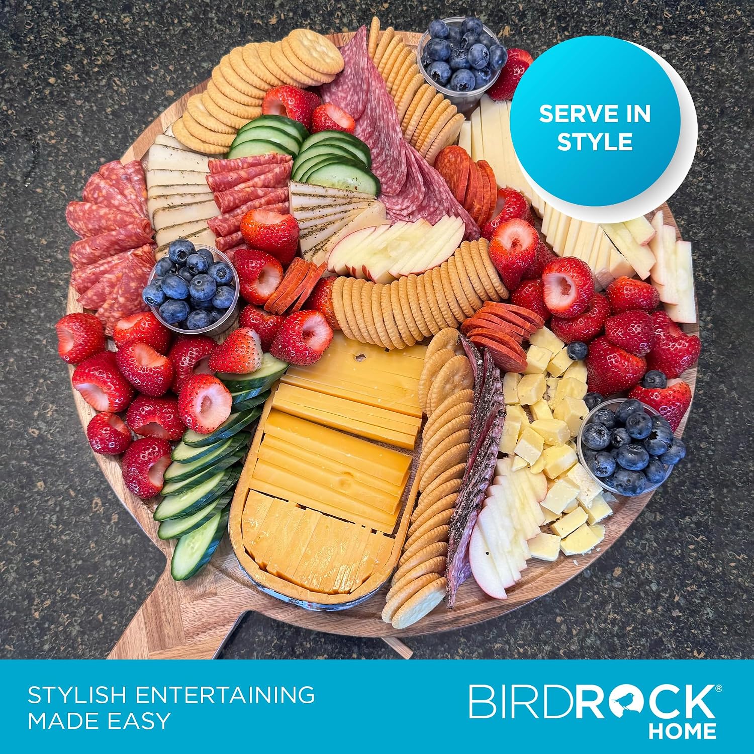 BIRDROCK HOME 18” Round Acacia Wood Charcuterie Board with Handle, Natural