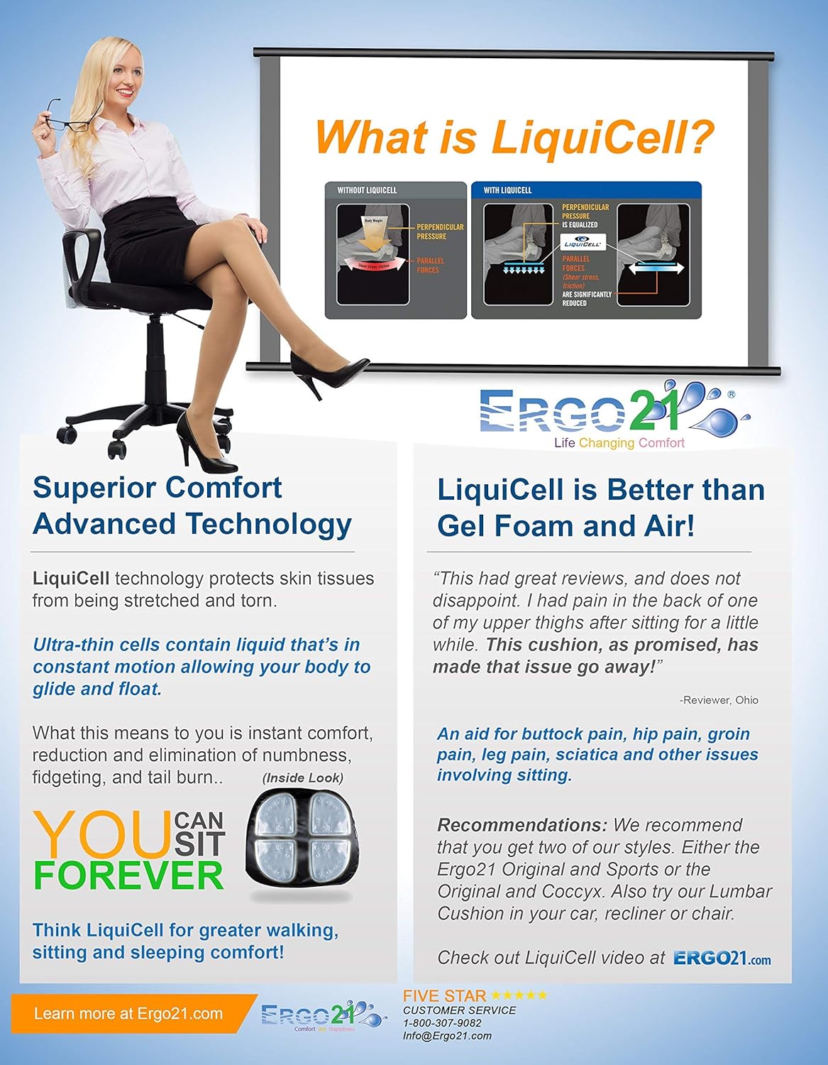ERGO21 Liquicell Sports Cushion - Better Than Gel, Foam, and Air! Liquid-Filled Membranes. Blood Flow Improved by 150% (Large Deluxe - 18W x17 x 2.5") : Health & Household