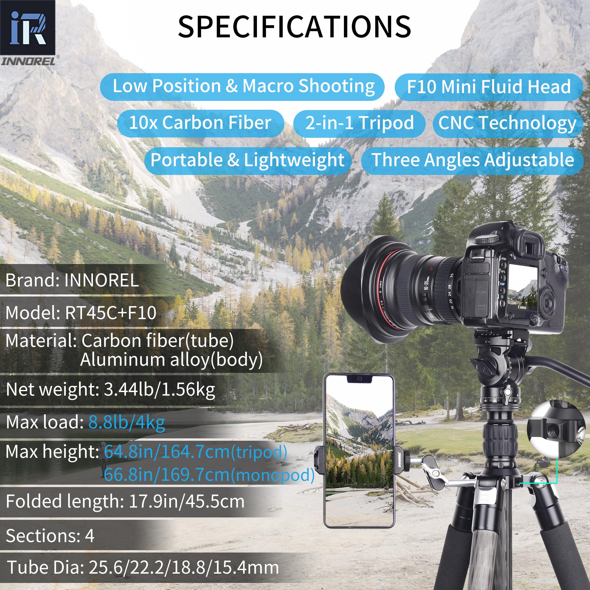 INNOREL RT45C+F10 - Trípode portátil de fibra de carbono de 10 capas profesional, compacto, ligero, trípode para cámara réflex digital, videocámara con mini cabezal de video fluido de amortiguación