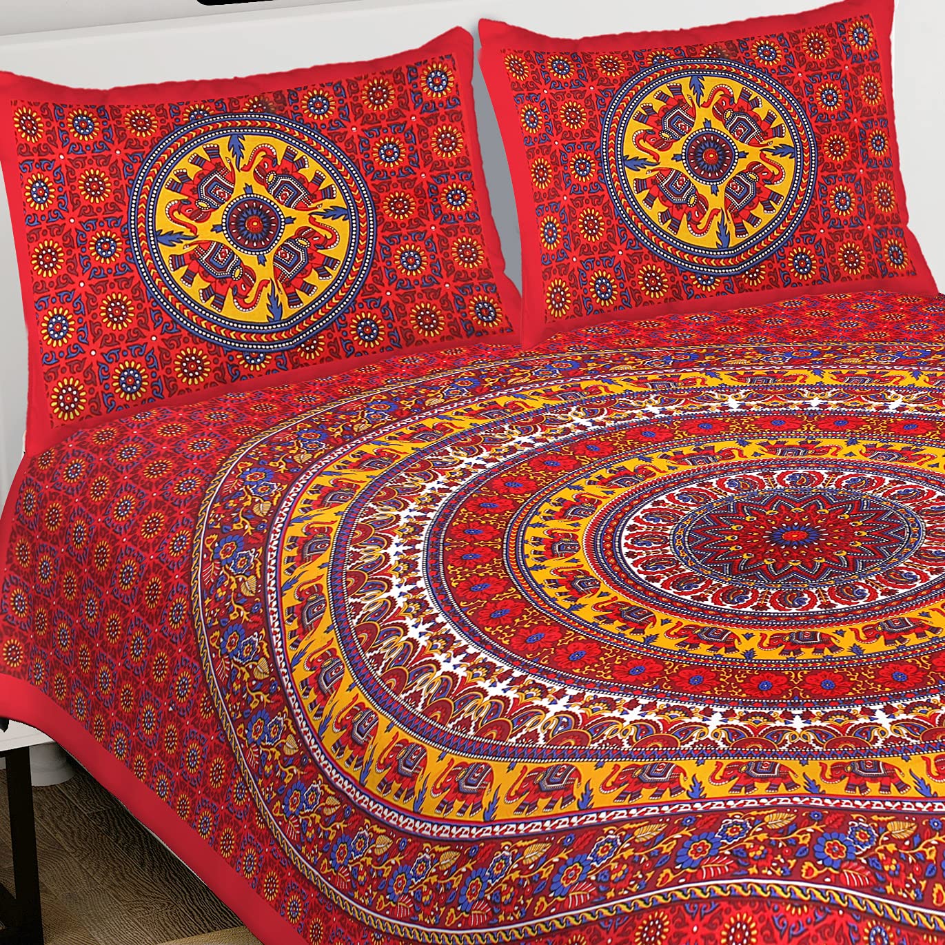RHF Cotton Double Bedsheet with 2 Pillow Covers - Orange and White (Multicolor-6, Double)