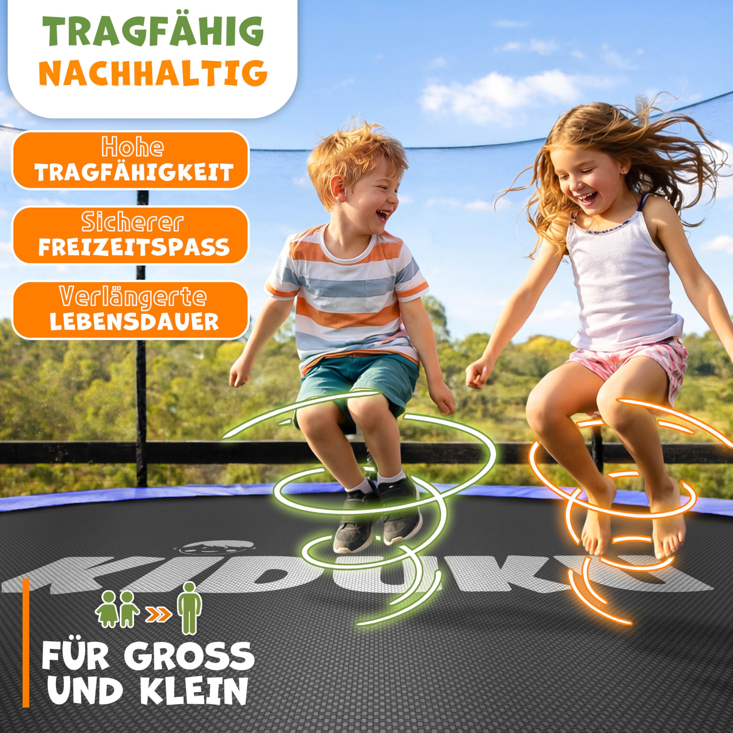 KIDUKU® Trampolin Sprungtuch Ø 244 305 366 427 cm | Ersatz Sprungmatte 48-96 Ösen UV-Beständig & Wetterfest | Zubehör Ersatzmatte Garten-Trampolin | Trampolinsprungtuch 260g/m² PP