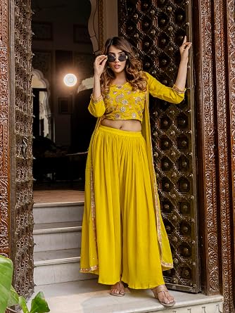 TRENDMALLS Women's Georgette Embroidery Crop Top with Flared Pleated Palazzo and Shrug Set