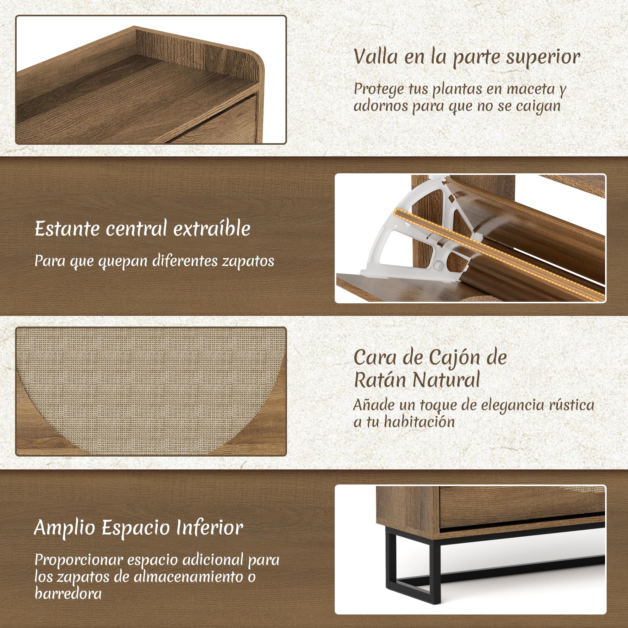BonVache Zapatero Estrecho con 4 Solapas, Ajustable, de Madera con Almacenamiento para Zapatos, Ideal para Entrada, Salón, Pasillo, 120 x 24 x 95,5 cm, Ratán