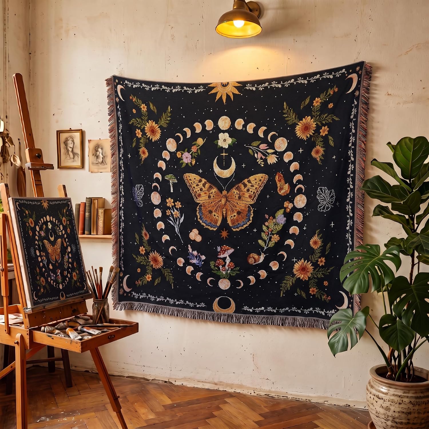 Moon Phase Butterfly Boho Woven Throw Blanket for Couch Bed Lounge Chair Hippie Room Decor Bedspread Boho Vintage Throws Blankets Outdoor Blanket Aesthetic Wall Hanging Celestial Bedroom Decor 51”x59” image 5