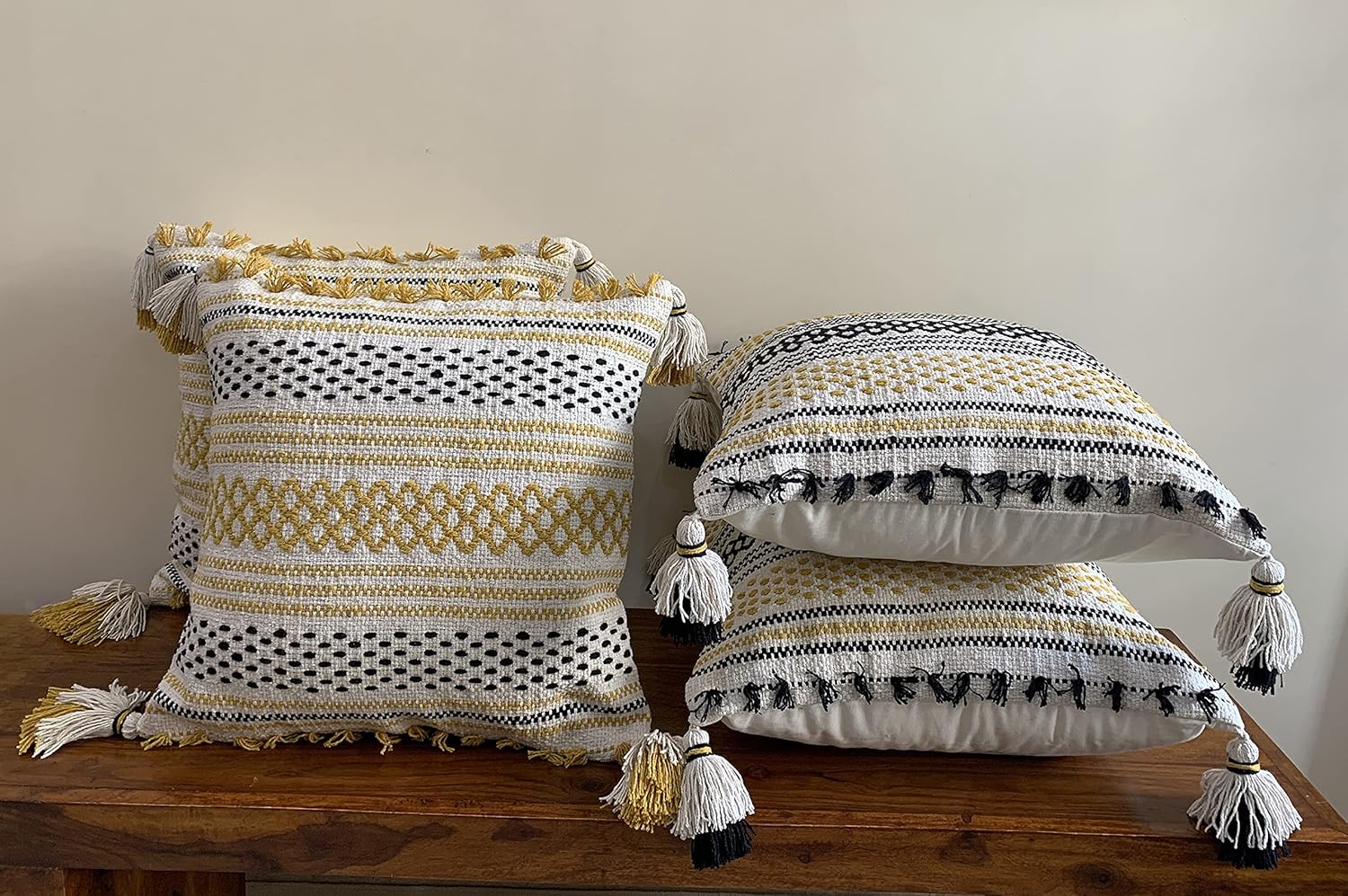Set of 2 Boho Throw Pillow Covers for Couch, 18 x 18 Inch Cotton Hand-Woven Tufted Decorative Pillows Covers Bedroom Living Room, Farmhouse Color: White & Black with Hand Crafted Tassels