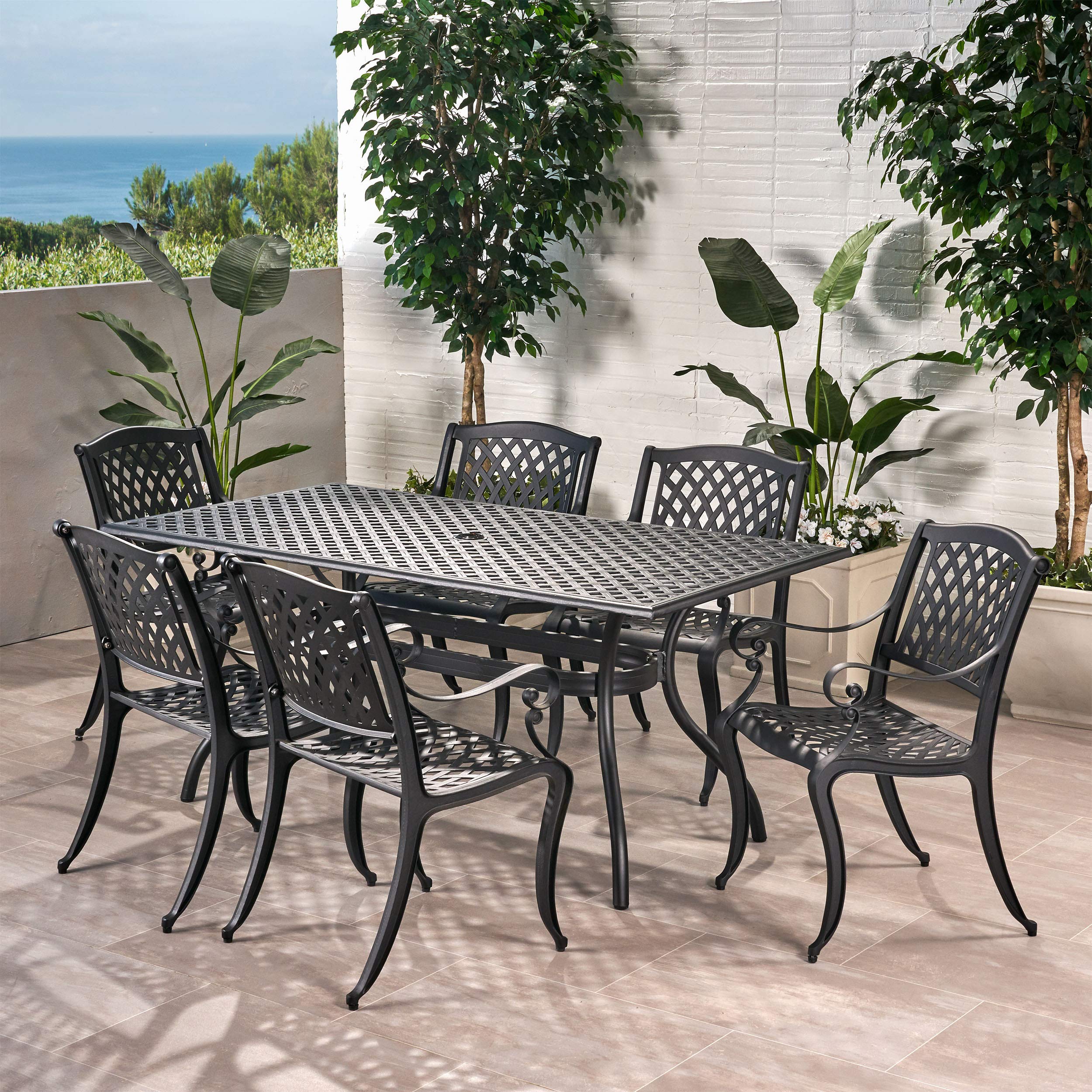 Cayman Outdoor - Juego de comedor de aluminio fundido de 6 plazas, juego de 7 piezas, color arena negra 5