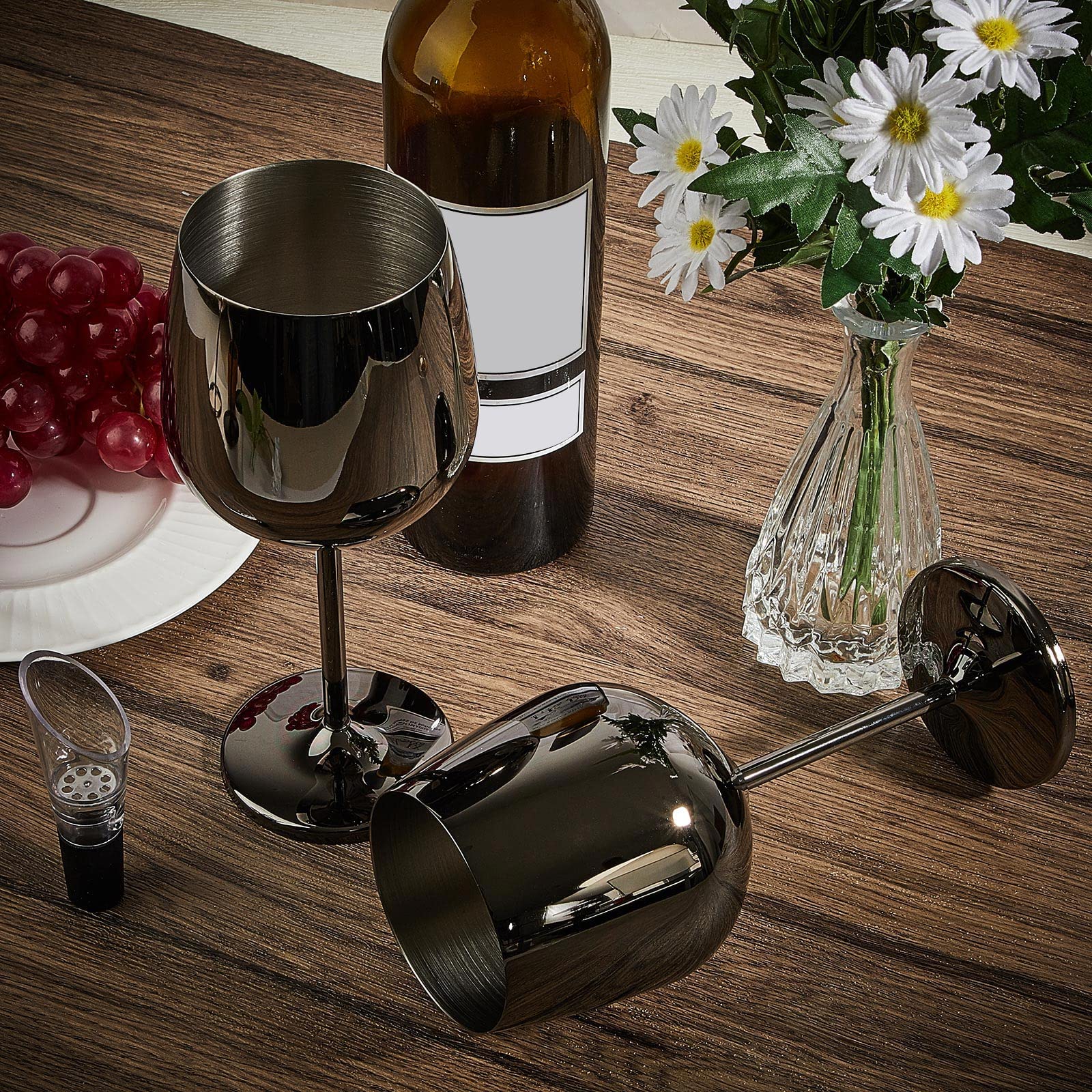 Juego de 6 copas de vino de acero inoxidable irrompibles de 18 onzas, copas de vino metálicas para eventos al aire libre, fiestas, playa, piscina, viajes, aniversario de boda (negro)