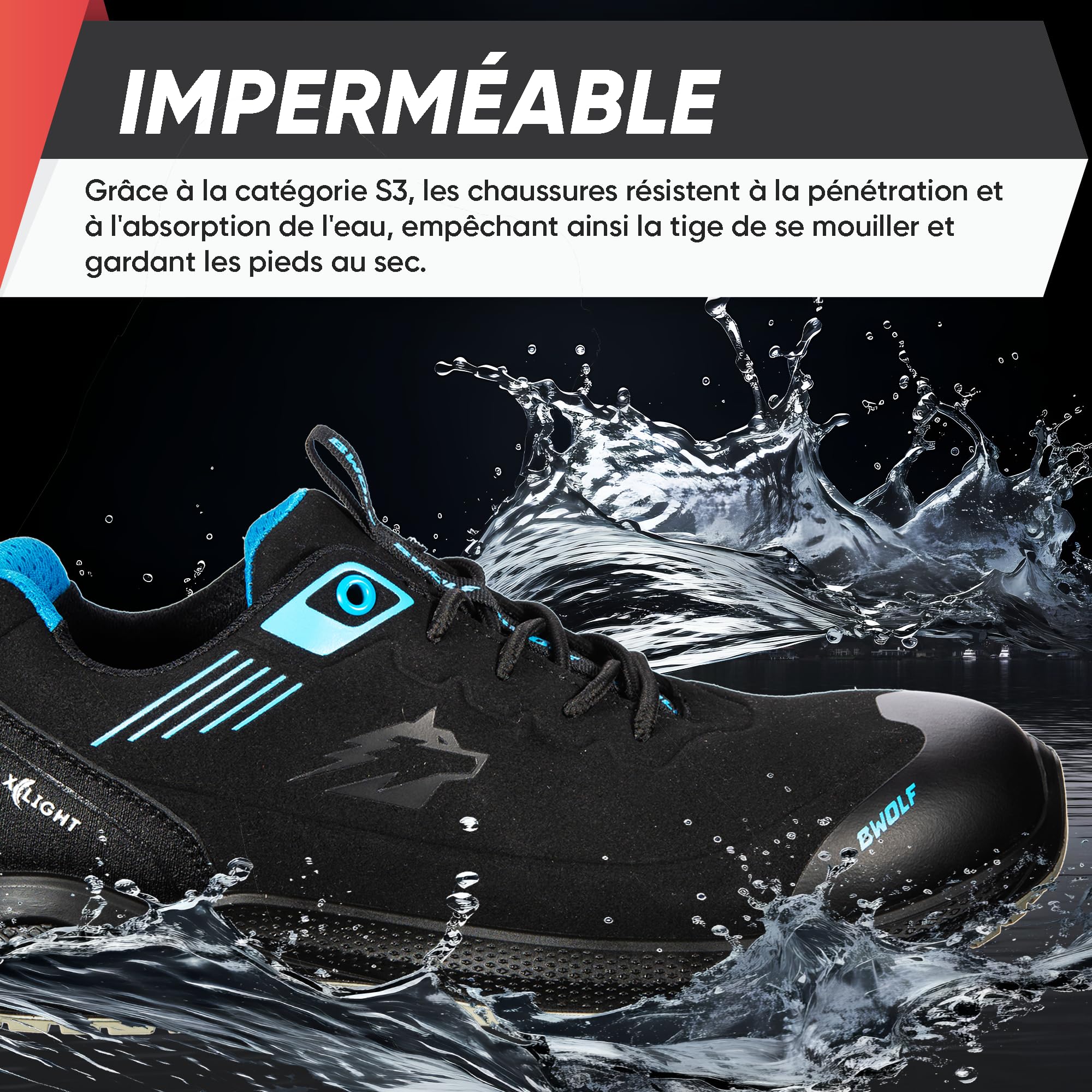 BWOLF Noir S3S Chaussures de Sécurité Homme S3 ESD – Embout Composite, Semelle Kevlar, Antidérapantes & Imperméables à l’Huile – Chaussures de Travail Noires S3S