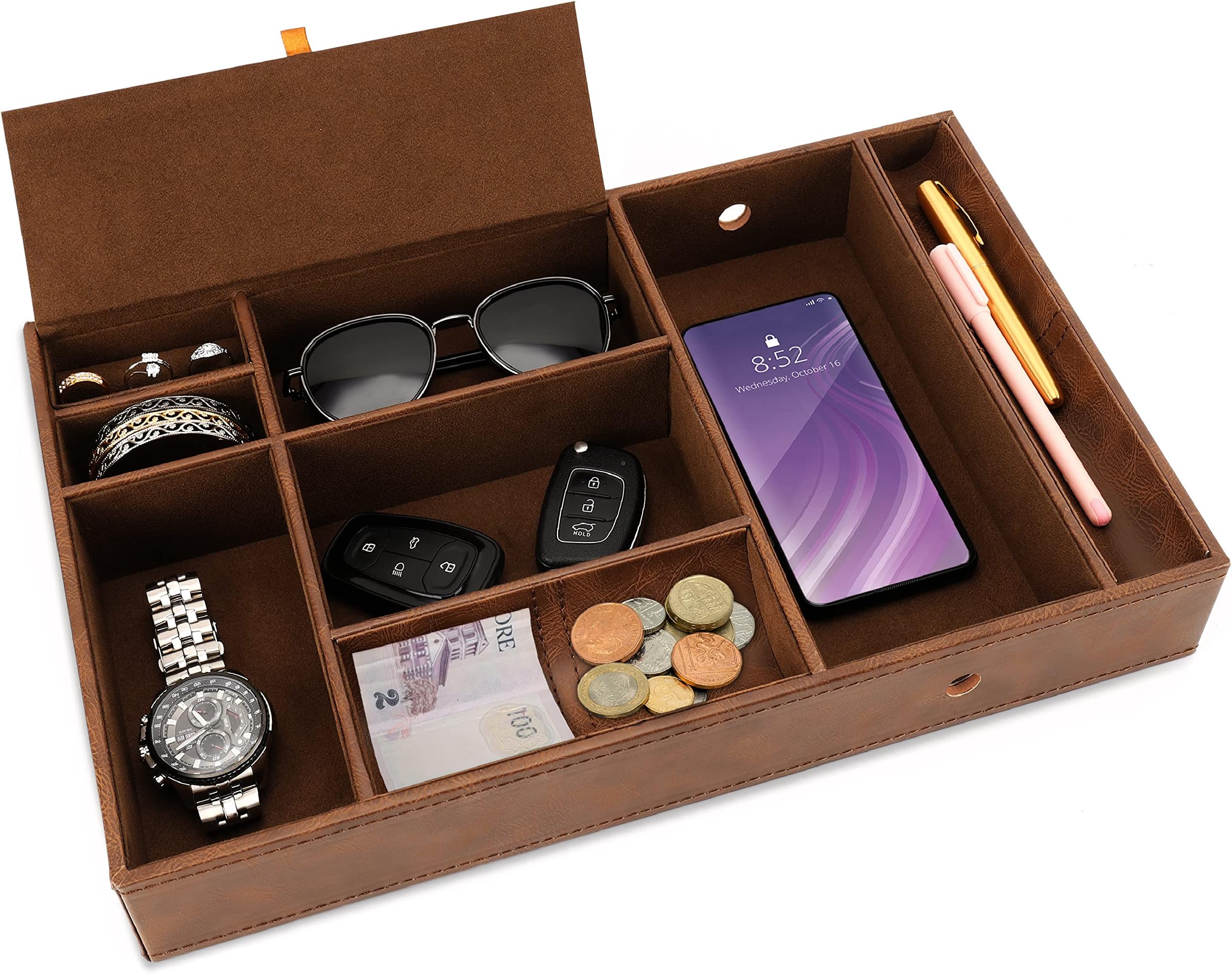 BELLE VOUS Valet Tray Brown Faux Leather Nightstand Organiser Tray