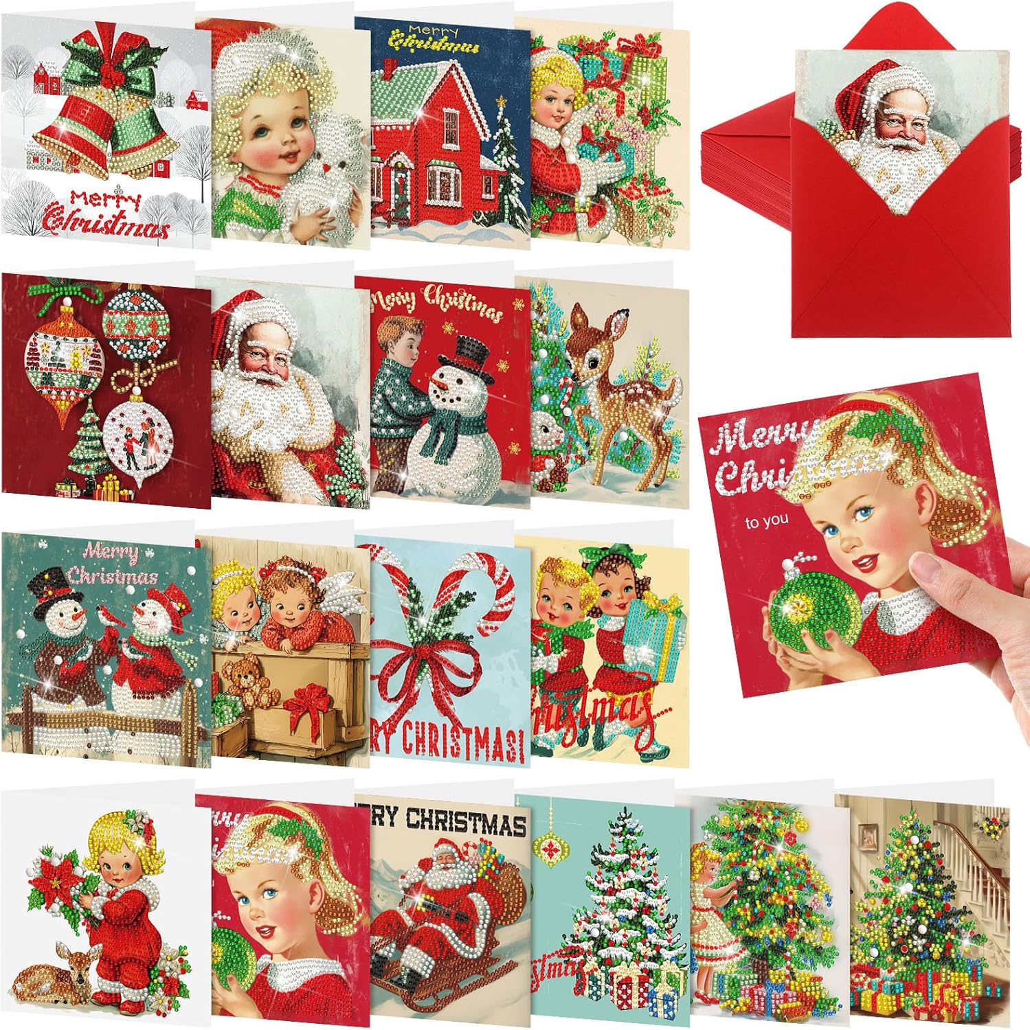 Colarr 18 Pcs Vintage Christmas Diamond Painting Greeting Card with Envelopes 5d DIY Diamond Art Snowman Santa Cards for Adults Craft Family Birthday Gifts Including 3 Pen 1 Tray 1 Sticky Wax