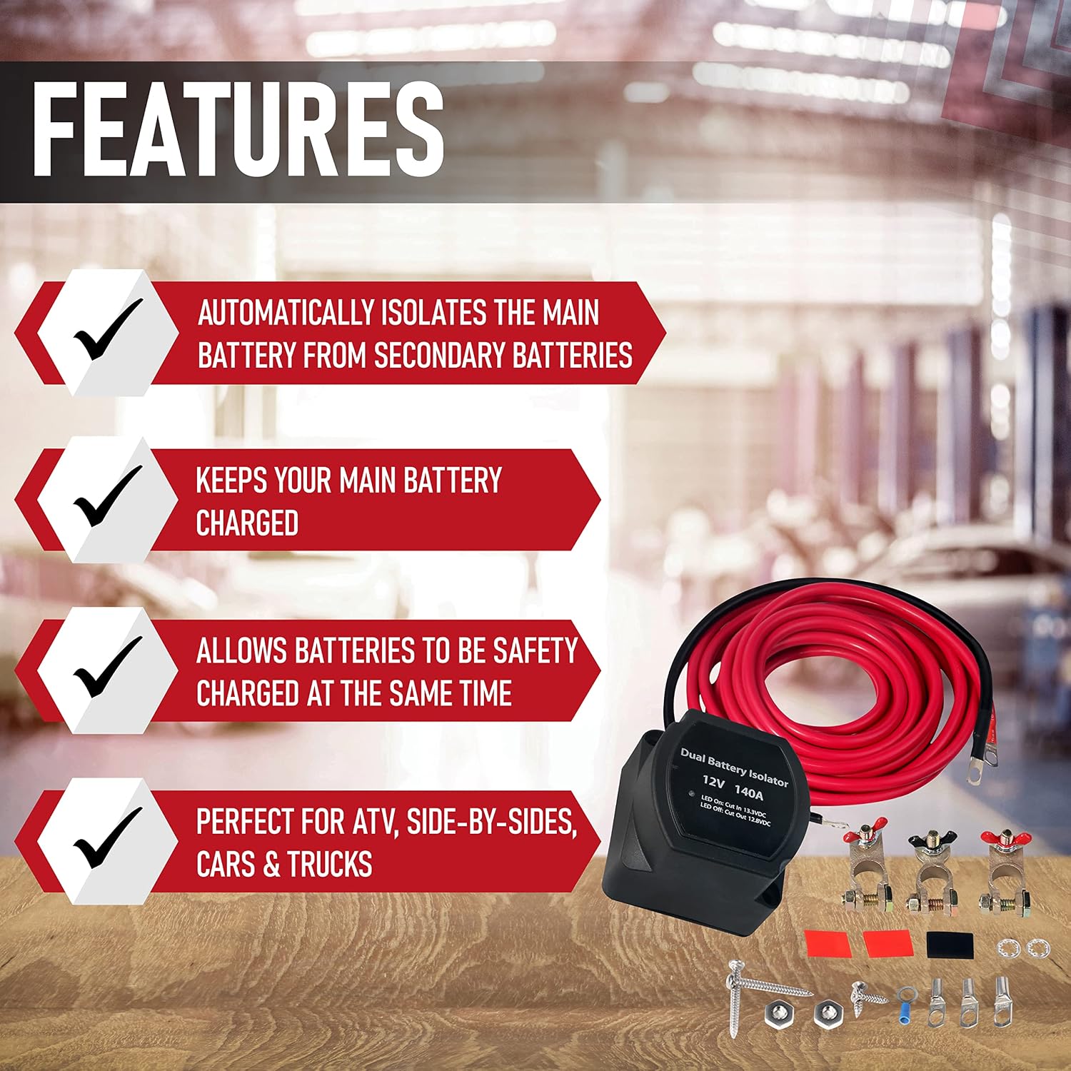Dual Battery Isolator Kit - 12 Volt 140 Amp Voltage Sensitive Relay - Complete VSR Double Battery Automatic Charger - Fits Trucks, ATV, SUV, UTV Boats and More - Safe, Water and Vibration Resistant