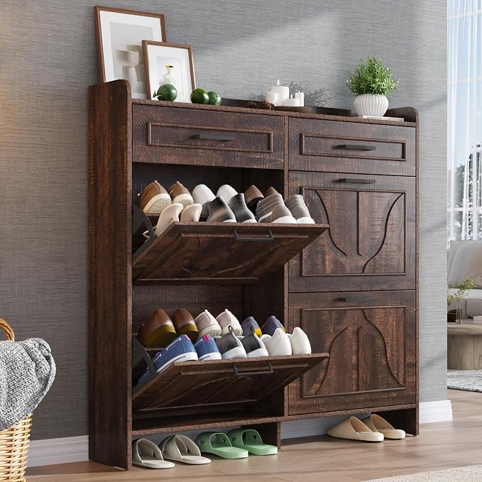 Shoe Storage Cabinet, Farmhouse Shoe Organizer with 4 Flip Drawers & 2 Drawers, Freestanding Hidden Slim Narrow Shoe Rack with Open Shelves for Entryway, Foyer, Hallway, Brown