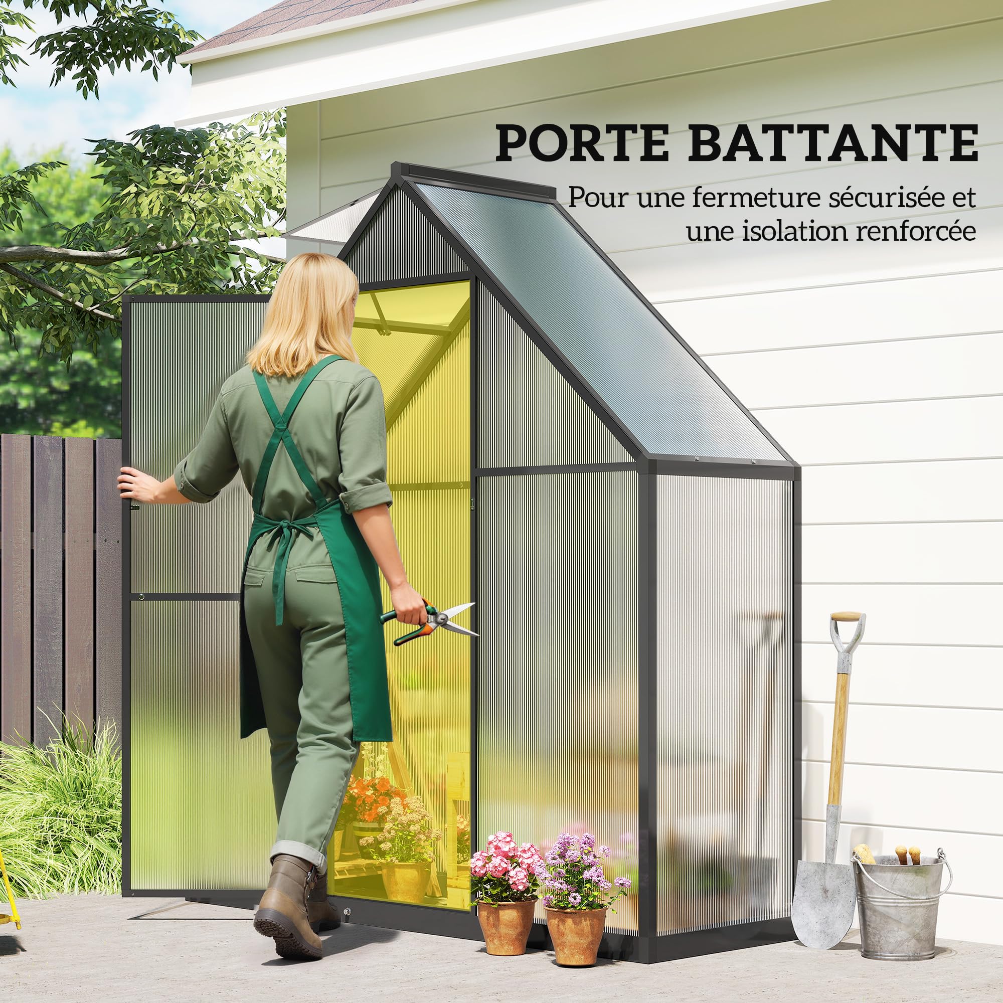 Outsunny Gewächshaus aus Aluminium und Polycarbonat, Gewächshaus mit verstellbarem Fenster und Flügeltür, wetterfestes Außenhaus für Pflanzen, Blumen, Gemüsegarten und Setzlinge, transparent