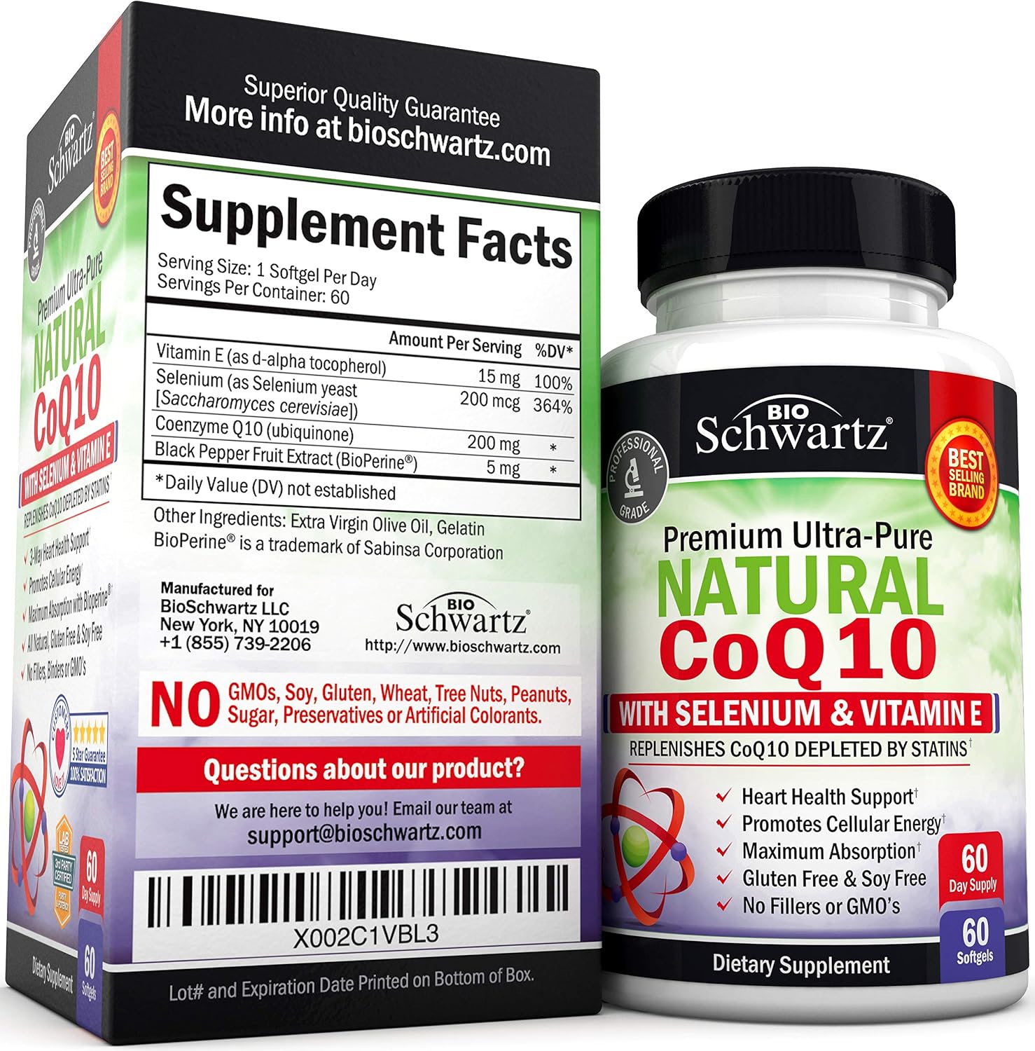 Natural CoQ10 200mg Supplement - with Selenium & Vitamin E for Cardiovascular, Cellular & Muscular Health Support - Promotes Protection from Oxidative Stress - with BioPerine for Maximum Absorption
