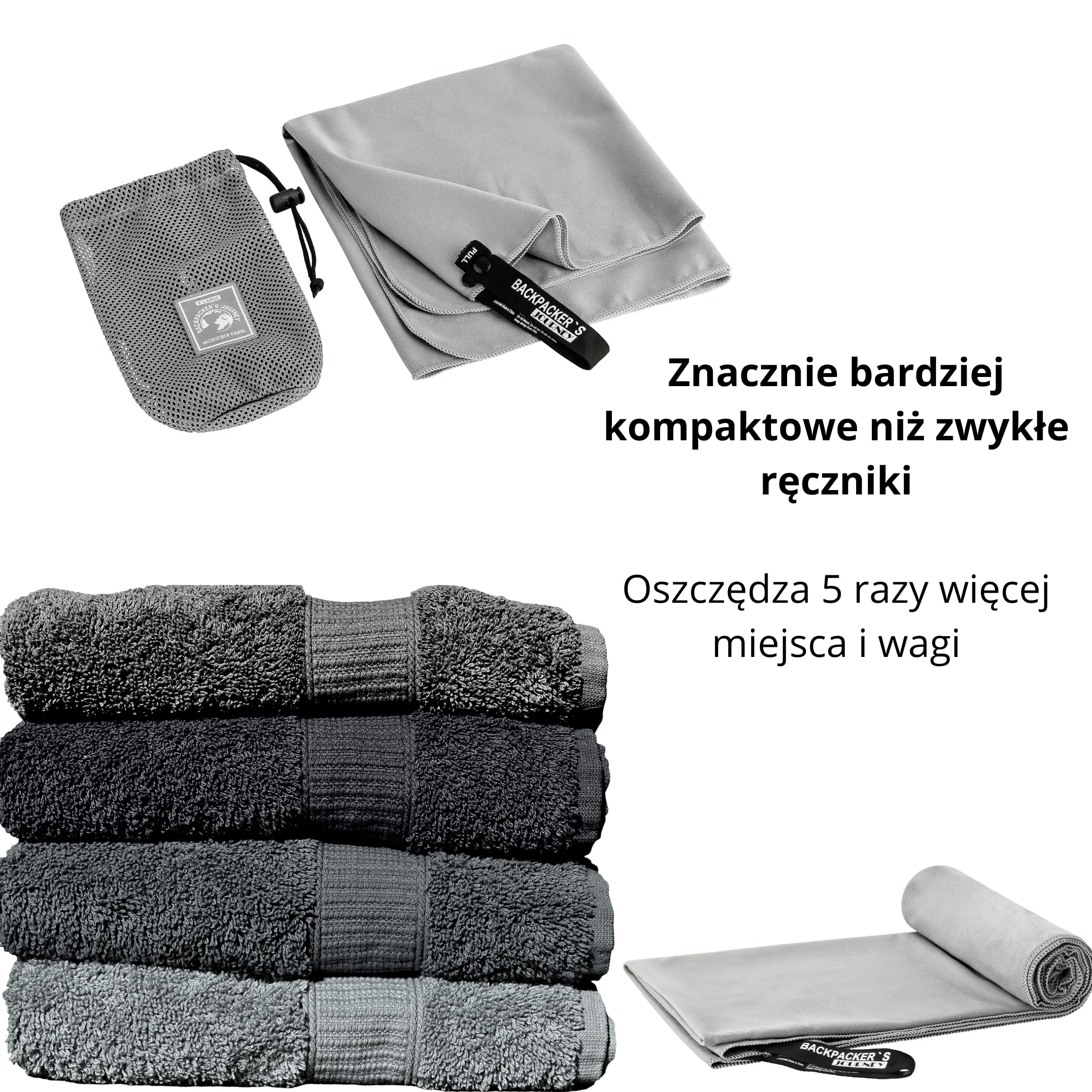 Backpacker's Journey Ręczniki z mikrofibry S M L XL. Zestaw ręczników podróżnych, lekkie, szybkoschnące, chłonne i antybakteryjne (szare, L)
