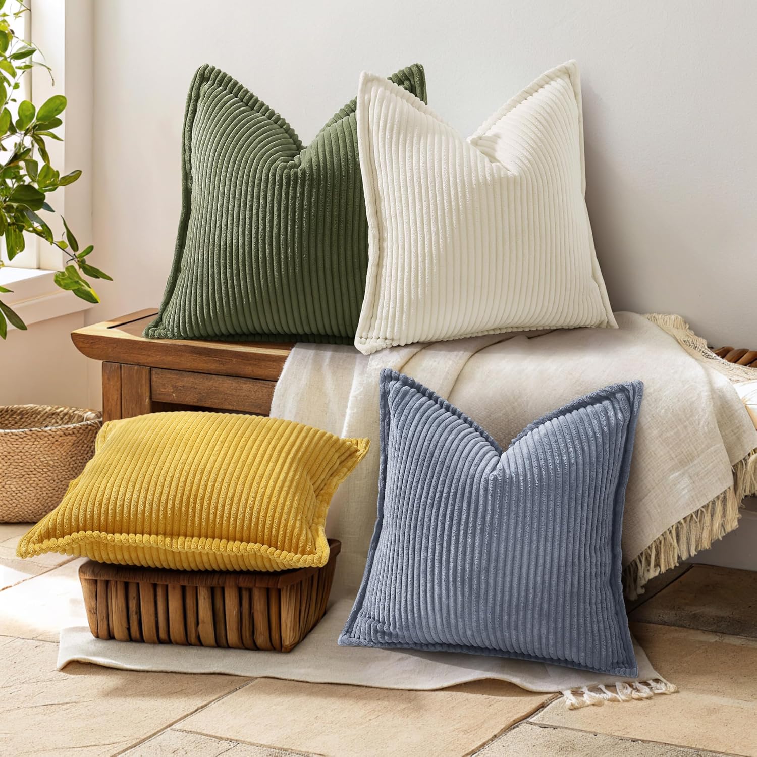decorUhome Fall Corduroy Blue Grey Throw Pillow Covers 18x18 Set of 2 Decorative Soft Boho Farmhouse Couch Pillow Covers for Living Room Bed Sofa Broadside Striped Pillow Cases