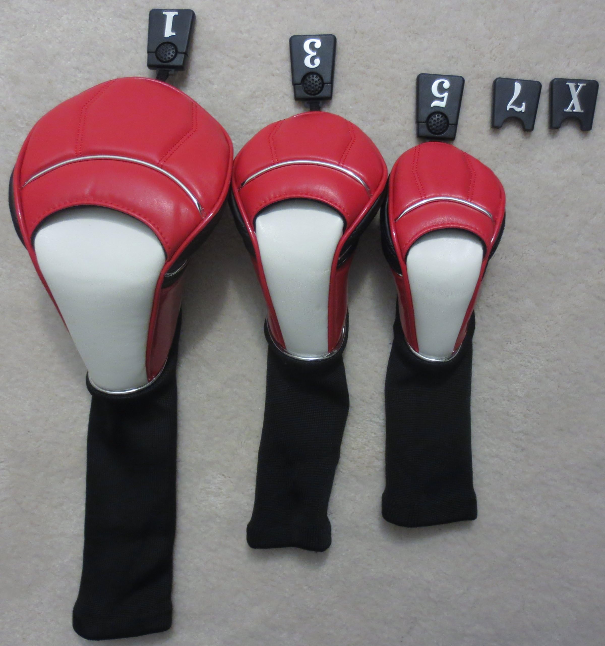 3 Pack Premium Red, White, & Black Golf Club Headcovers Set Driver Woods Hybrid 1,3,5,7,X Tags Classic Style
