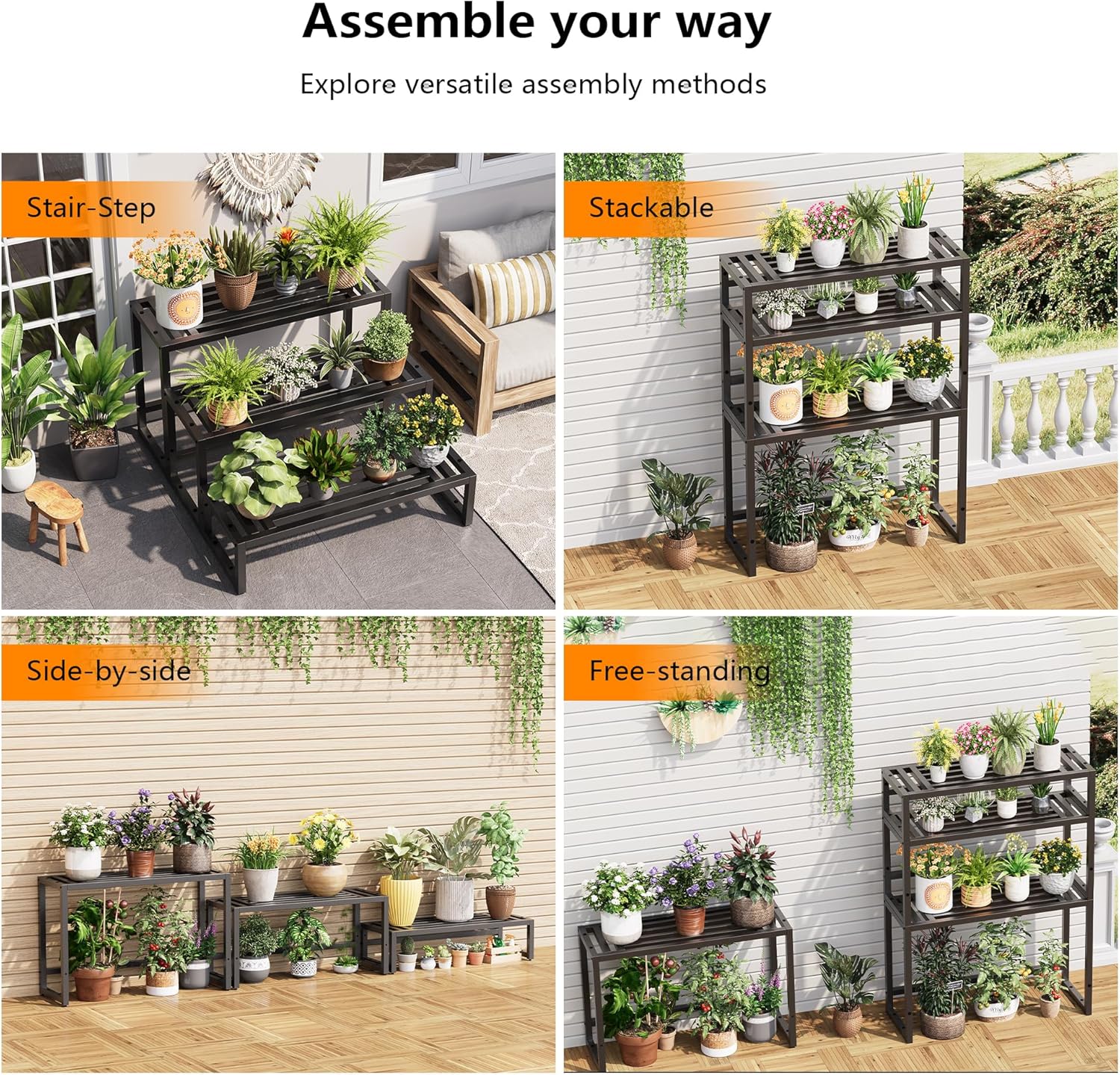 Plant Stand Indoor Outdoor,3 Tier Ladder Metal Plant Stands Riser,Heavy Duty Wrought Iron Plant Shelves for Multi Large Pots,Black Tiered Flower Display Holder for Living Room,Patio,Balcony