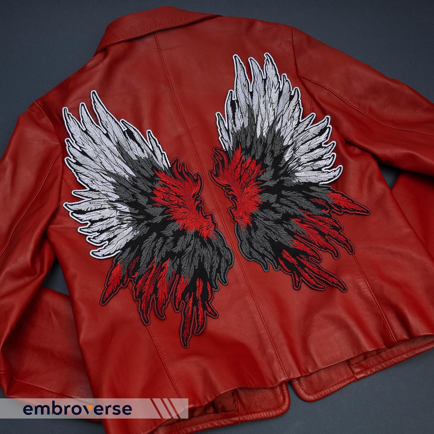 EMBROVERSE Angel Demon Wings Large Back Patch – Gothic Fantasy Iron-On Red and White Feather Set, 15.5 x 14.6 inches