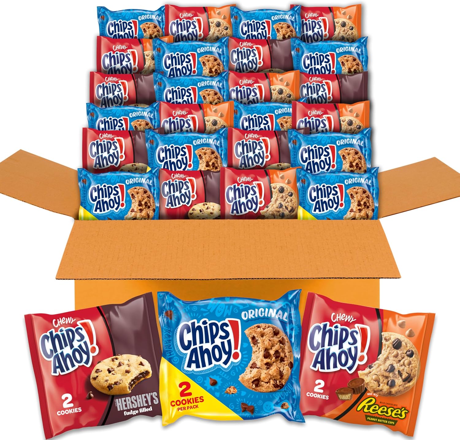 CHIPS AHOY! Cookies Variety Pack, Original Chocolate Chip, Chewy Chocolate Chip with Reese's Peanut Butter Cups & Chewy Hershey's Fudge Filled Soft Cookies, 50 Snack Packs (2 Cookies Per Pack)