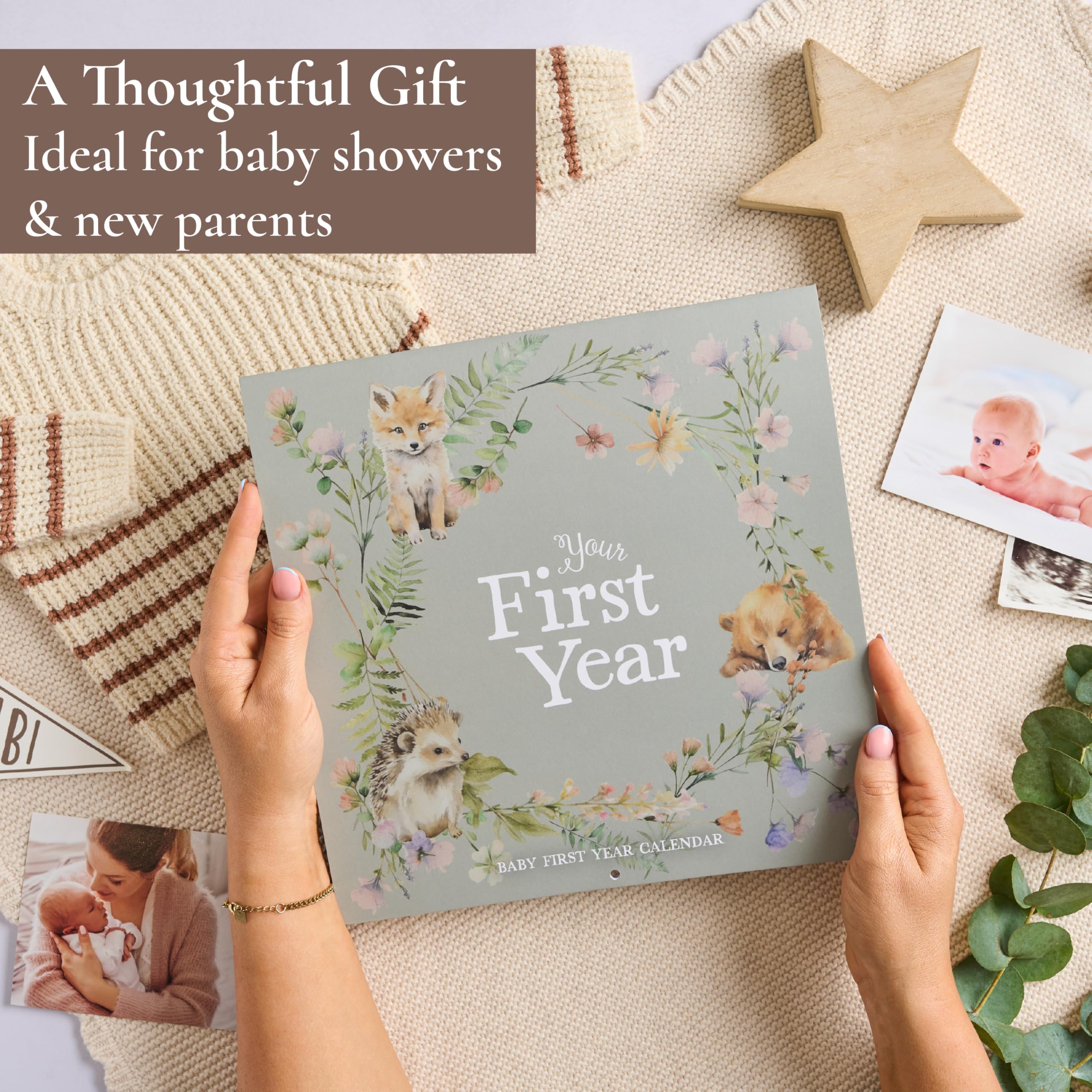 Baby erstes Jahr Kalender mit 100 Aufklebern - Waldtiere 1. Jahre Wandkalender mit Aufklebern, Baby Tracker, Baby Scrapbook für neue Mutter und Neugeborene Jungen & Mädchen