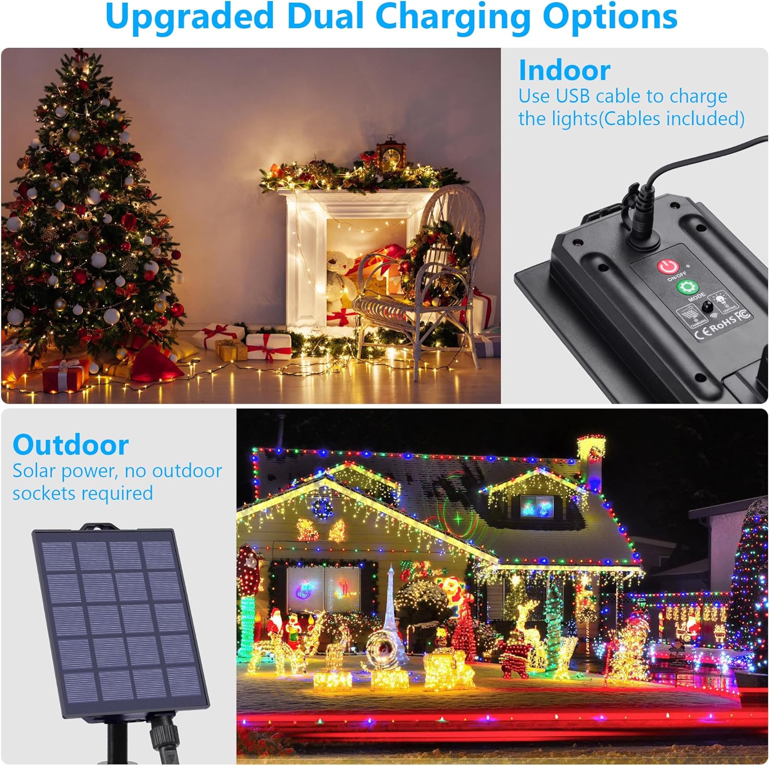 59Ft Solar String Lights Outdoor Waterproof, 18 Colors Changing 150 LED Christmas Lights Solar Powered & USB with Remote, Multicolor Fairy Lighting for Outside Tree Yard Indoor Halloween Decor