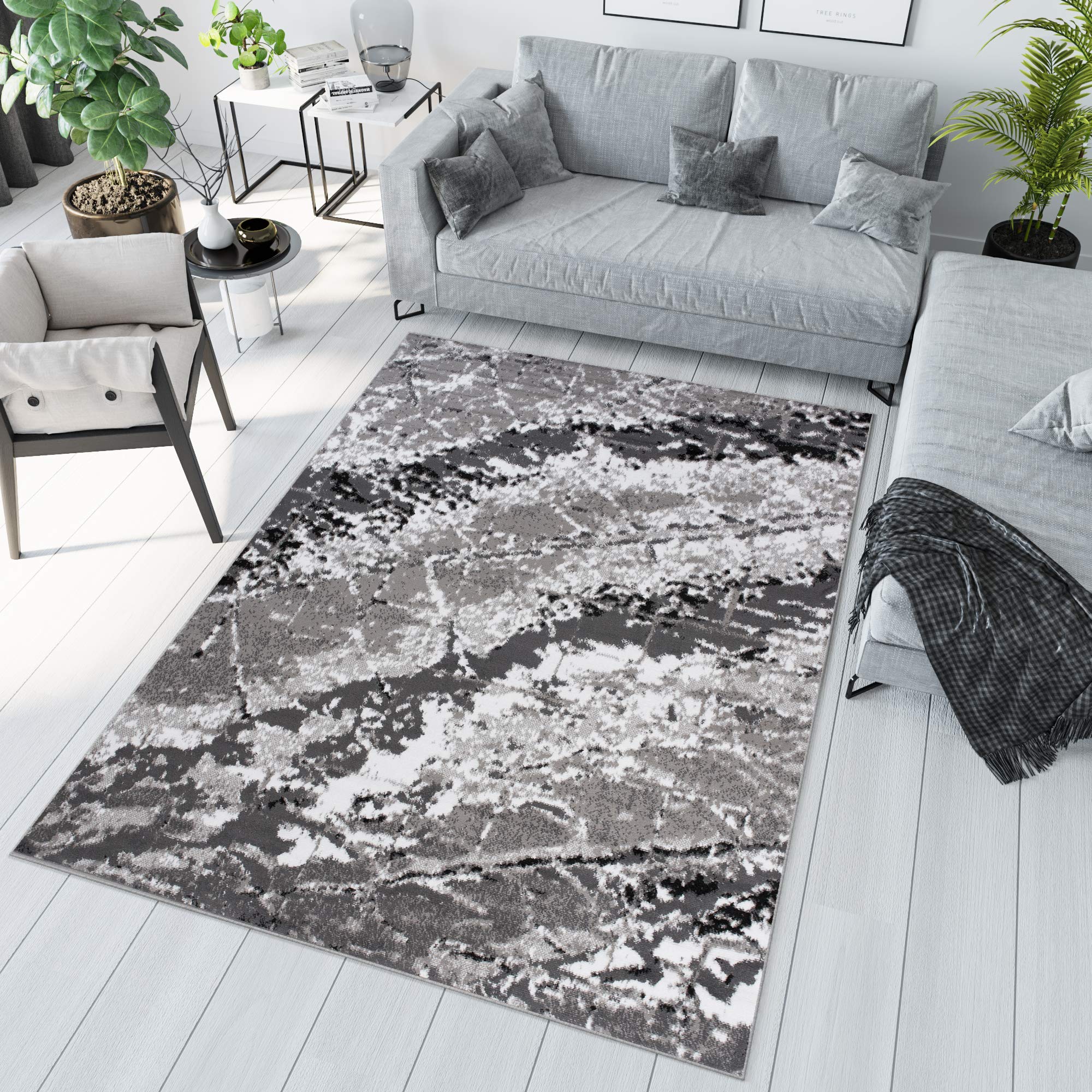 Tapiso Grey Black Maya Area Rug Short Pile Flecked Lines Abstract Modern Living Room Bedroom Nursery Durable Oeko-Tex Carpet Size - 160 X 230 Cm (5Ft3 X 7Ft7)