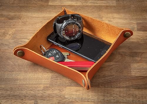 Miniatura 8 de Bandeja de valet fabricada en Estados Unidos cesta y organizador de dados de cuero con broches de metal de latón se pliega en plano organizador de