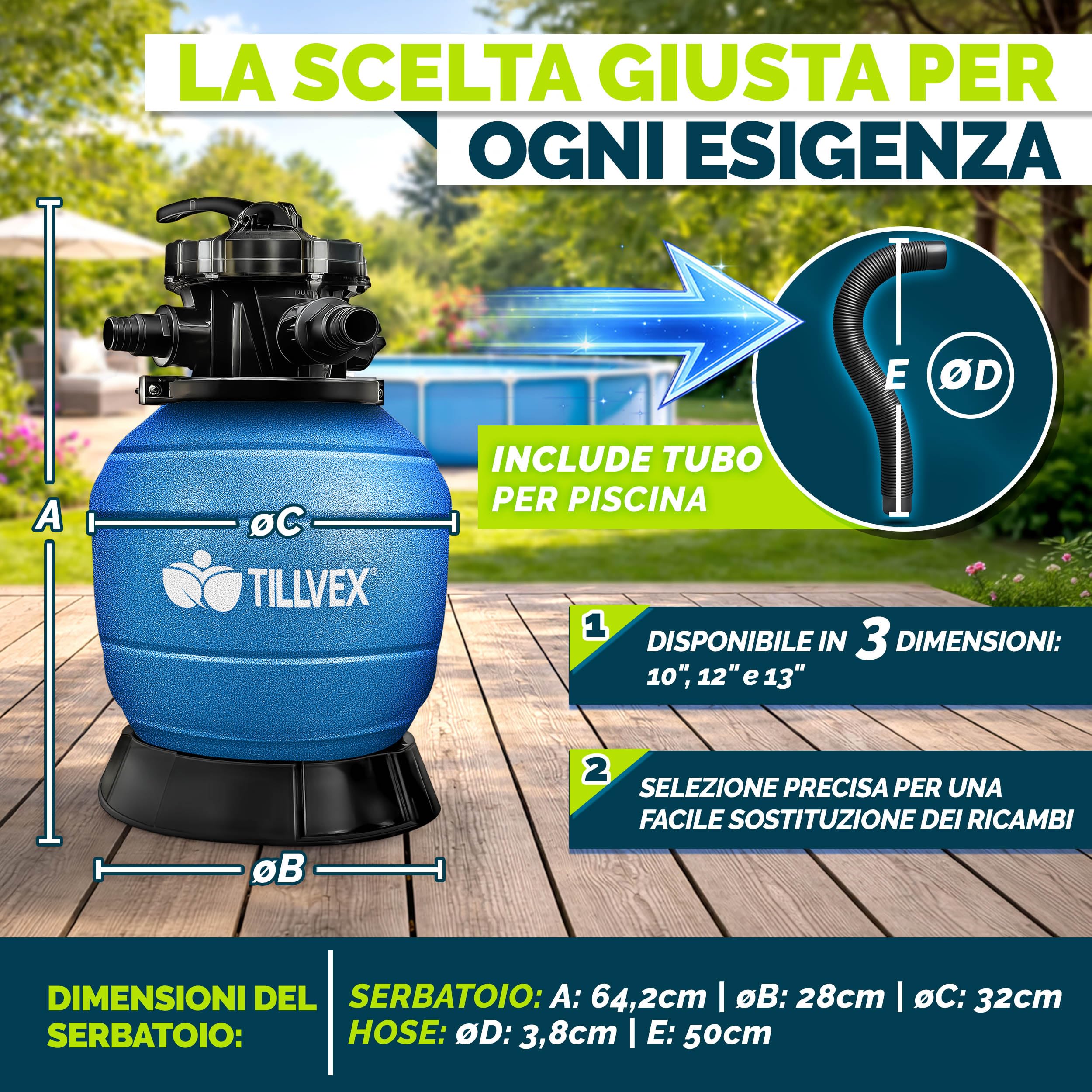 tillvex® Filtro a Sabbia Piscina Senza Pompa + Palline filtranti Fino a 35 m³ (35.000 L) | Serbatoio Filtro incl. Adattatore Ø32-38mm | Valvola 7 Vie, manometro & Tubo aspirazione