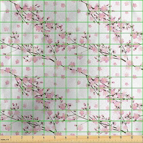 Miniatura 3 de Ambesonne Spring Fabric by The Yard, Japanese Cherry Blossom Sakura Tree Flourishing Branches Revival Season, Decorative Satin Fabric for Home